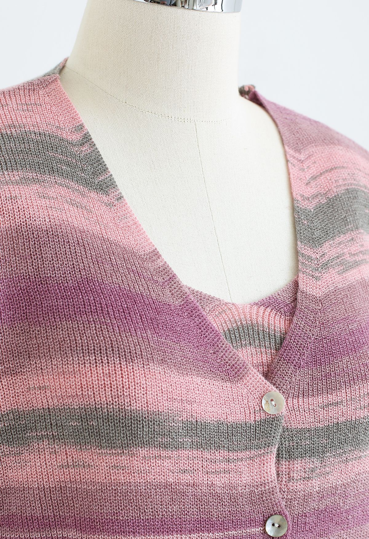 Mixcolor Striped Cami Crop Top and Cardigan Set in Pink