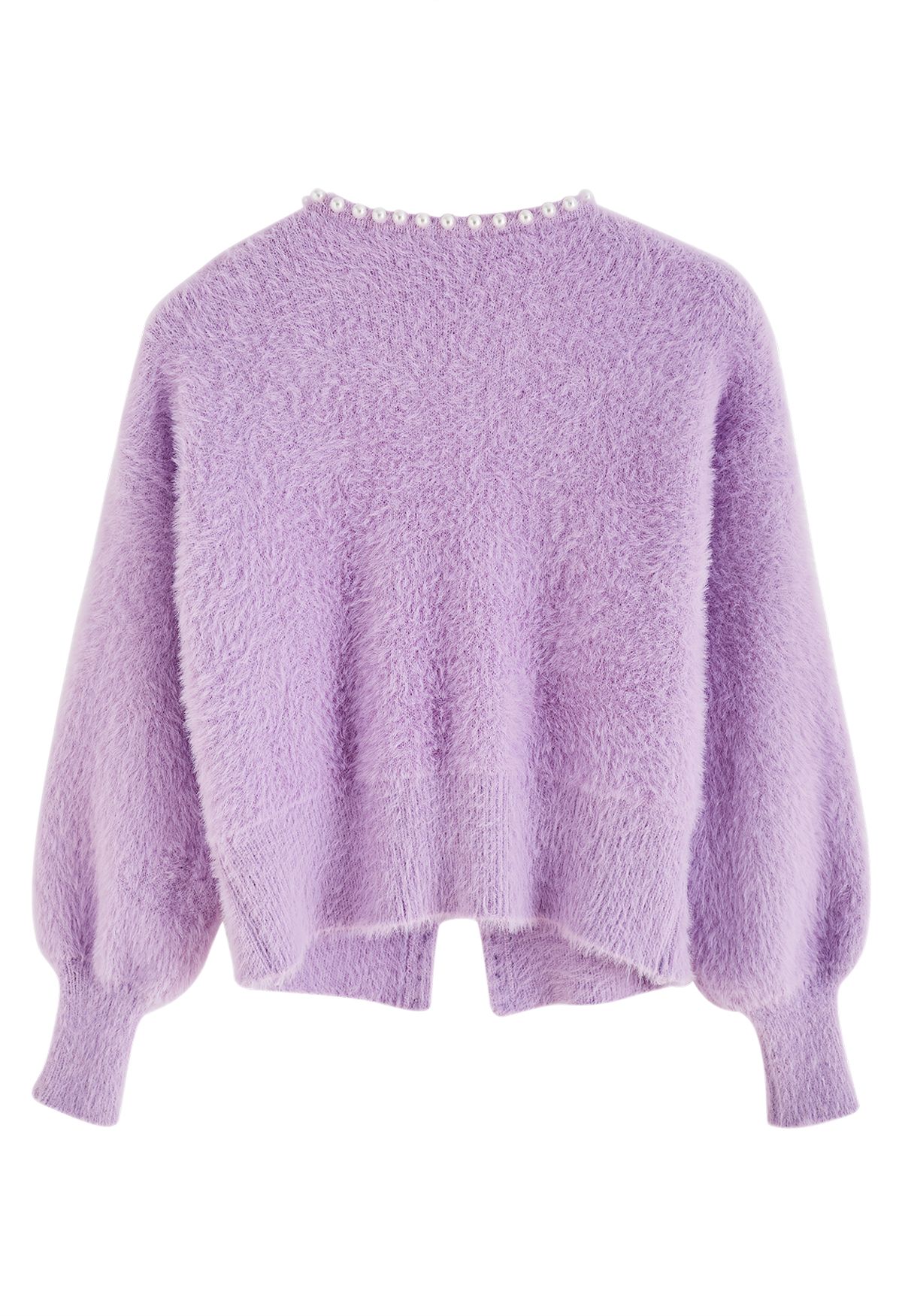 Open Front Pearly Fuzzy Knit Cardigan in Lilac