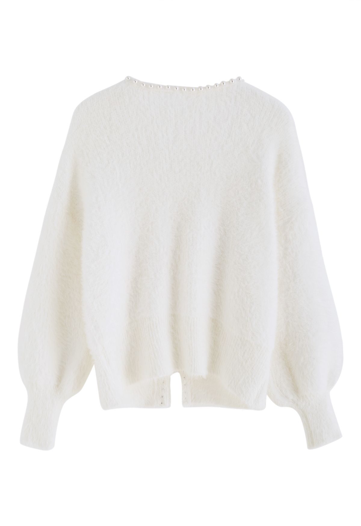 Open Front Pearly Fuzzy Knit Cardigan in White