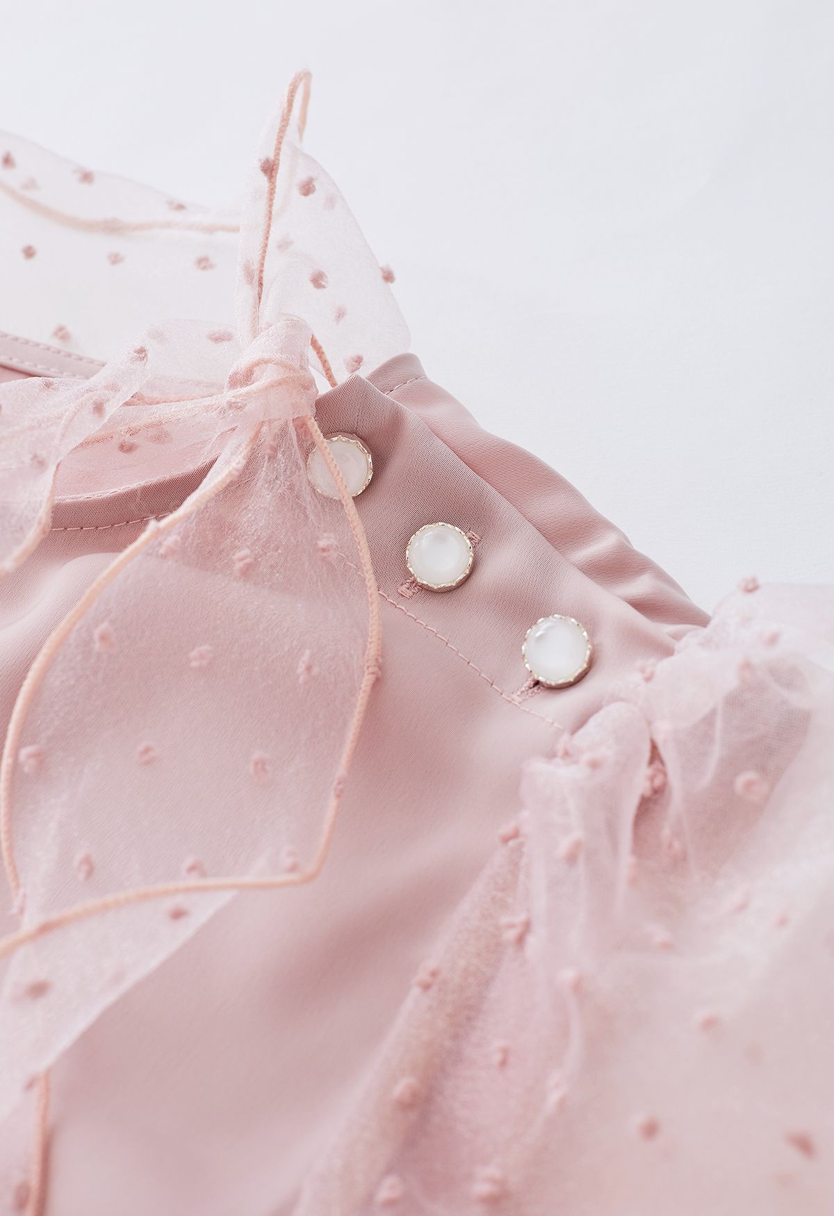 Flock Dots Organza Bubble Sleeve Bowknot Satin Shirt in Pink