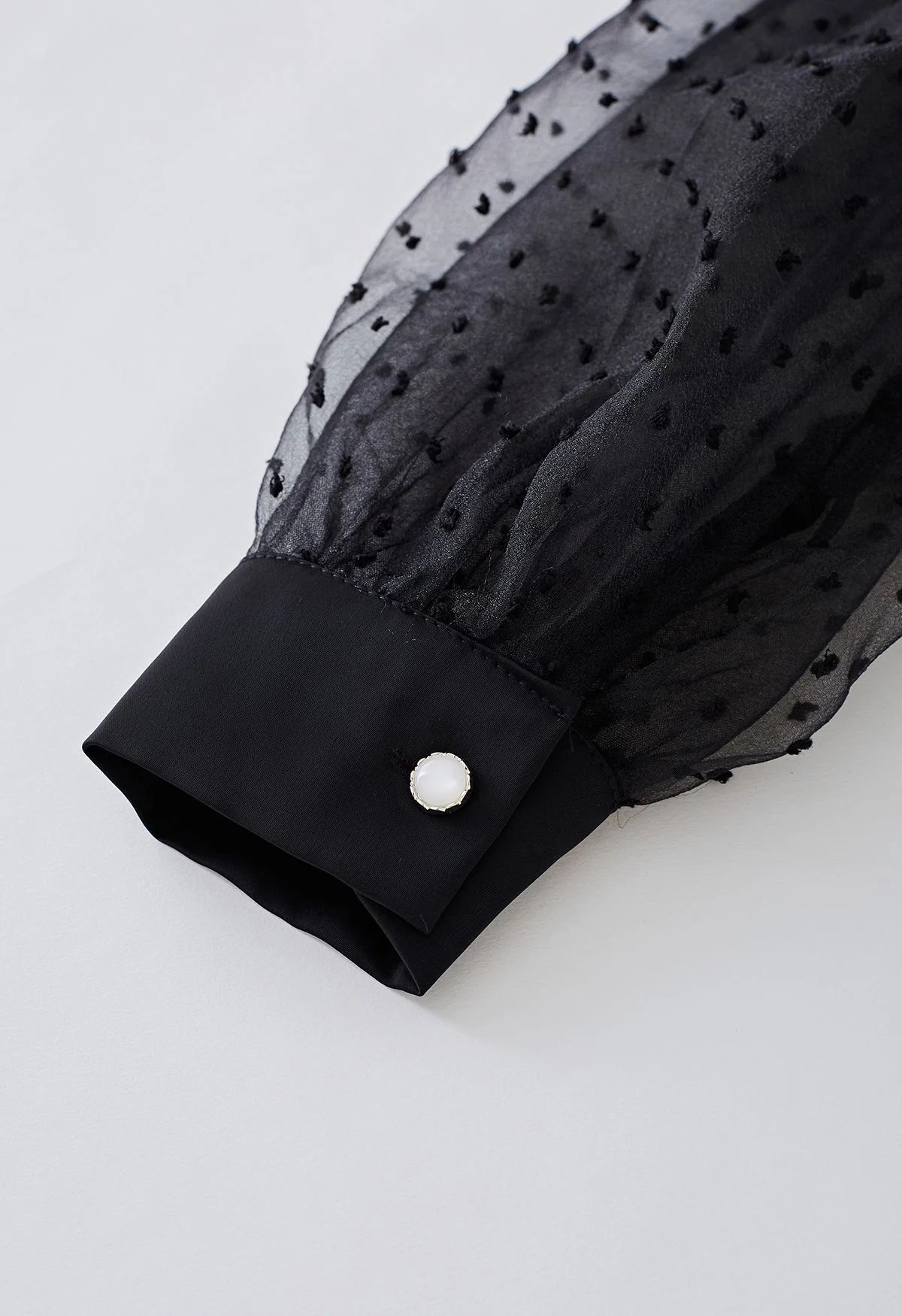 Flock Dots Organza Bubble Sleeve Bowknot Satin Shirt in Black