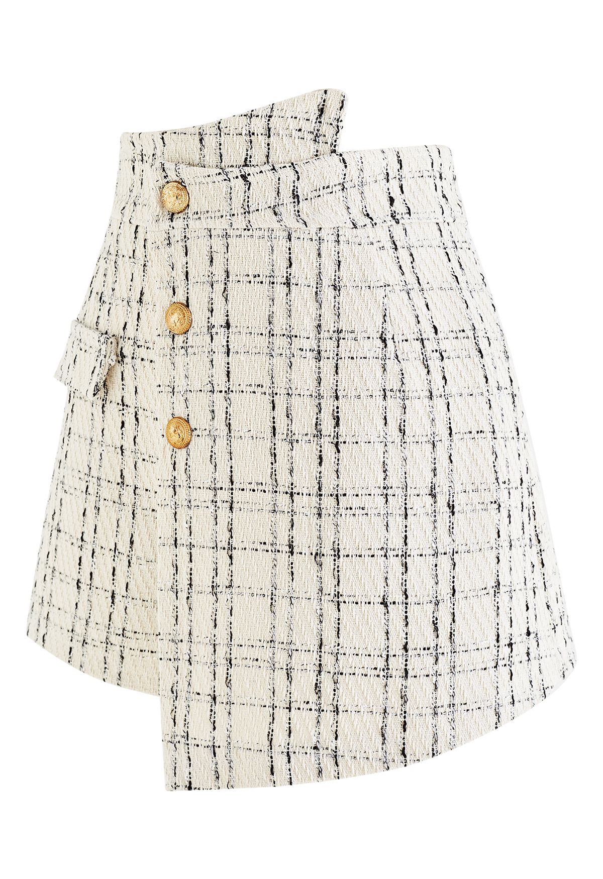 Grid Tweed Buttoned Flap Skorts in Ivory