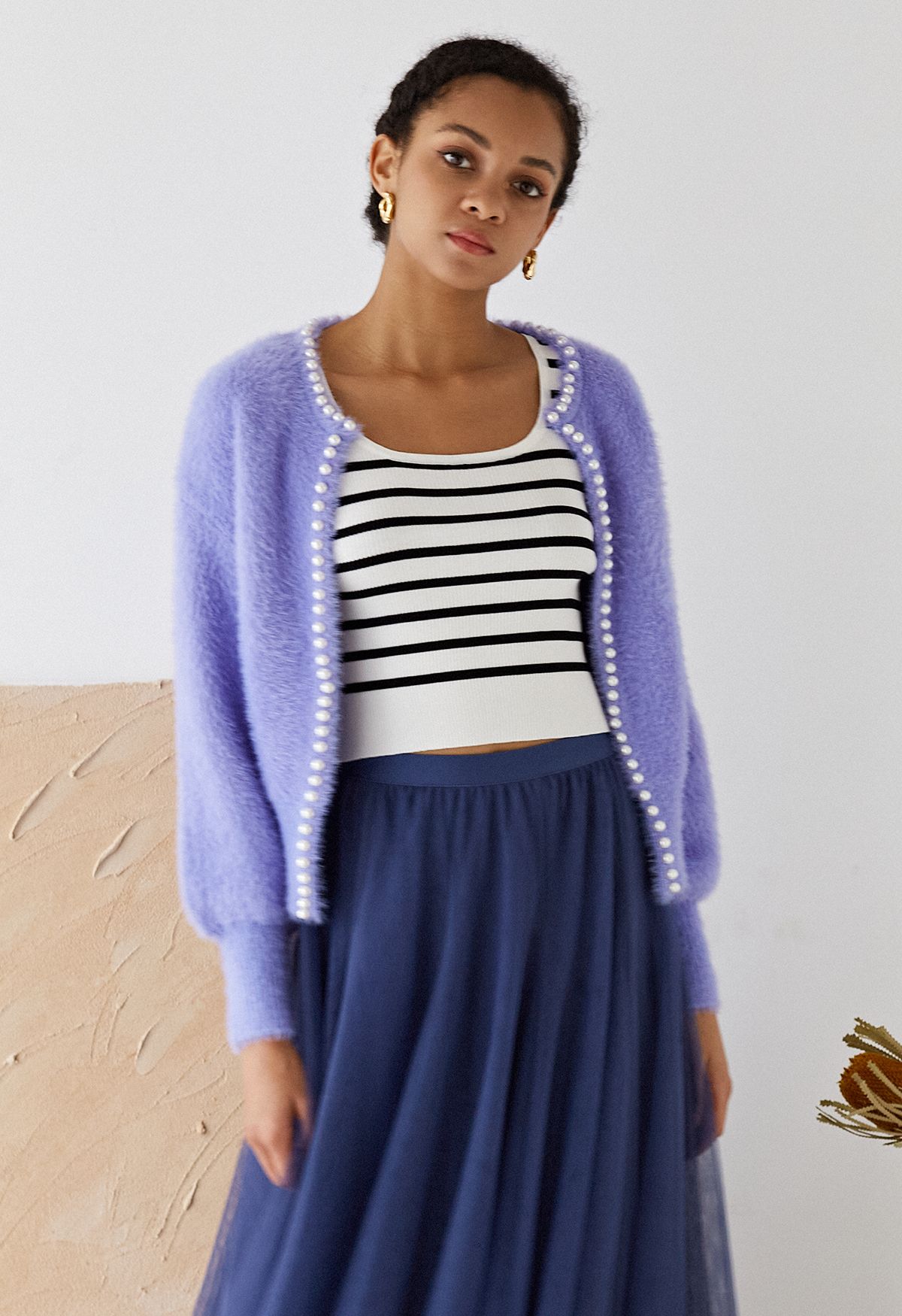 Open Front Pearly Fuzzy Knit Cardigan in Blue
