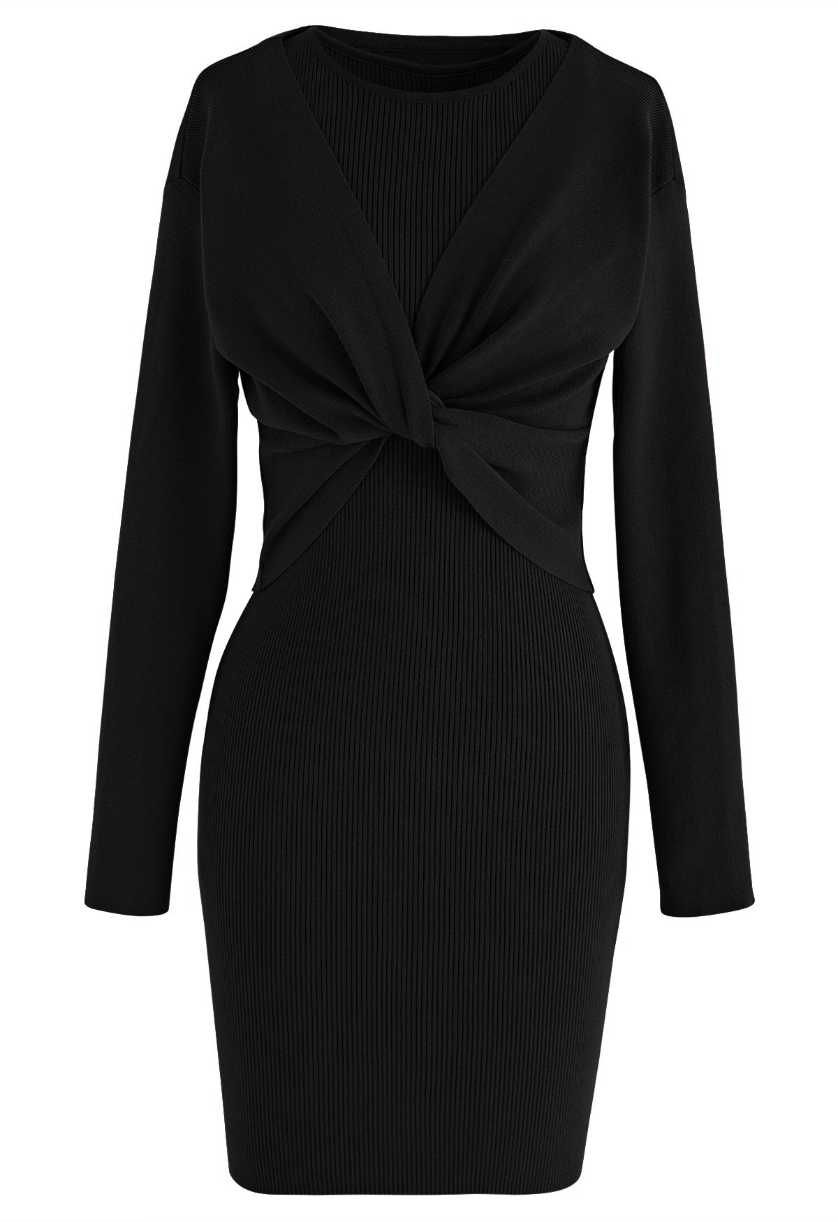 Twist Front Two-Piece Bodycon Knit Dress in Black