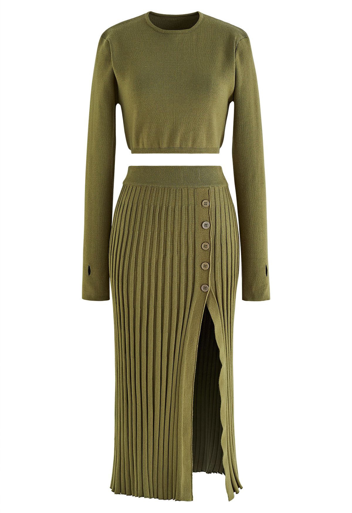 Knitted Crop Top and Buttoned Slit Skirt Set in Olive
