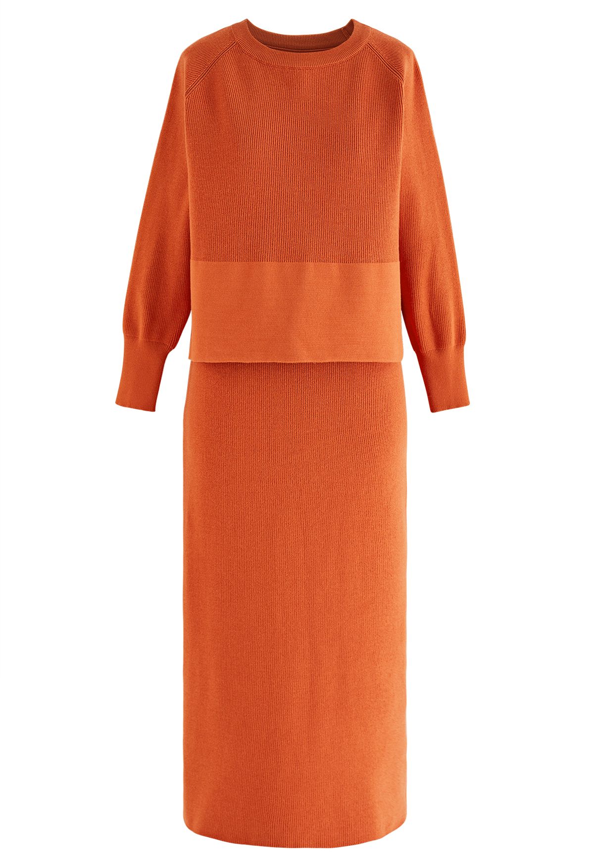 Comfy Ribbed Knit Top and Midi Skirt Set in Orange