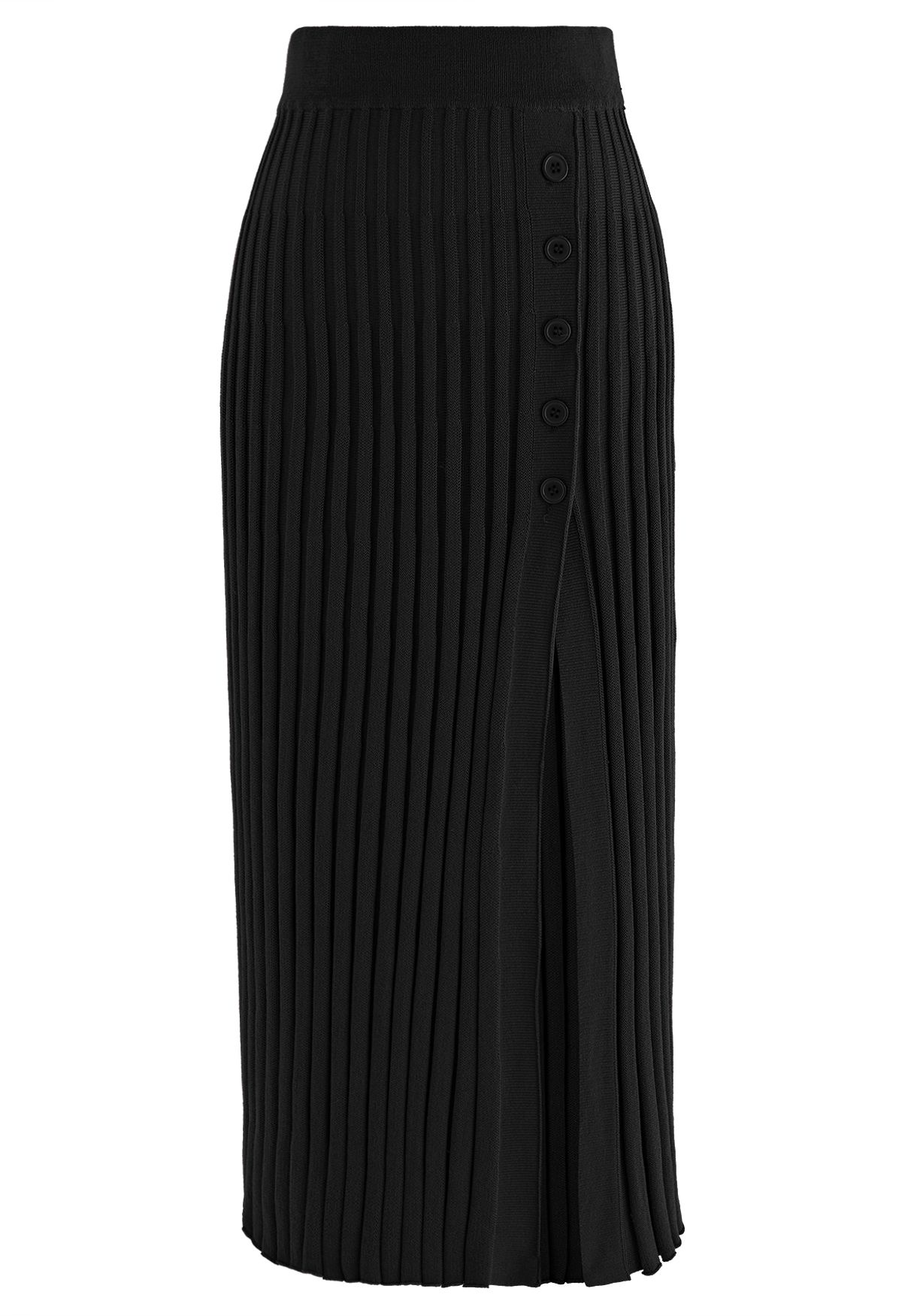 Buttoned Front Slit Rib Knit Skirt in Black