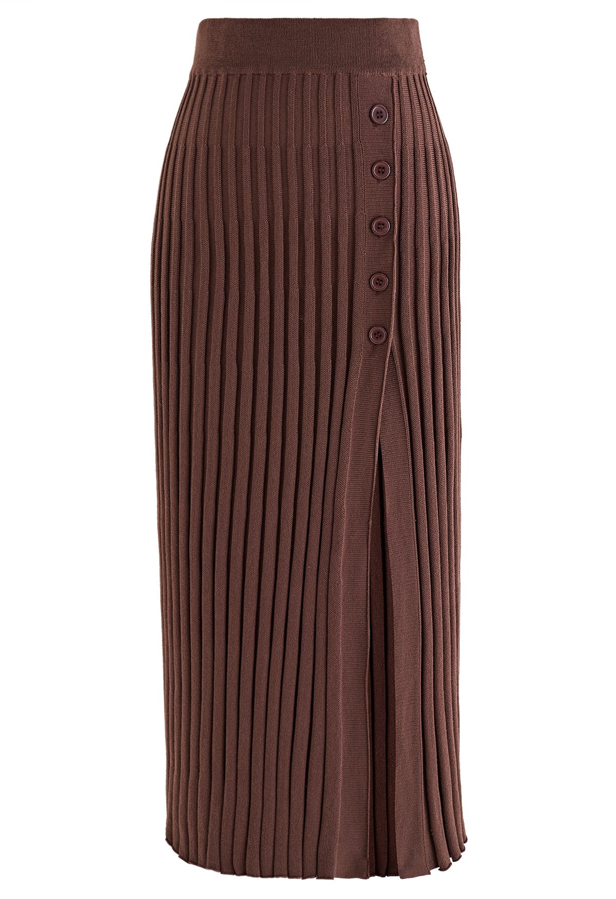 Buttoned Front Slit Rib Knit Skirt in Brown