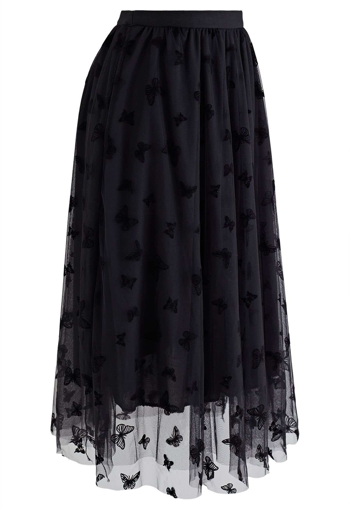 Velvet Butterfly Mesh Tulle Midi Skirt in Black
