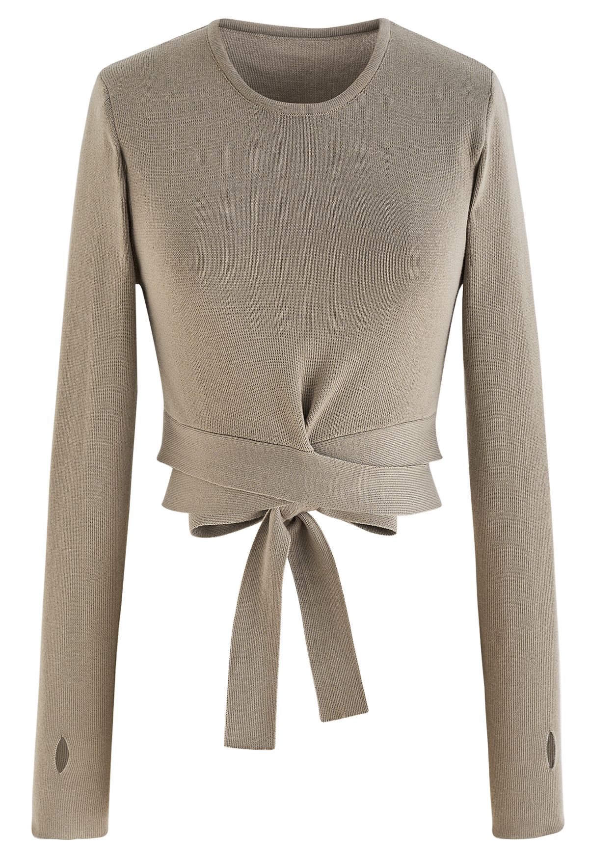 Self-Tie Bowknot Knit Crop Top in Taupe