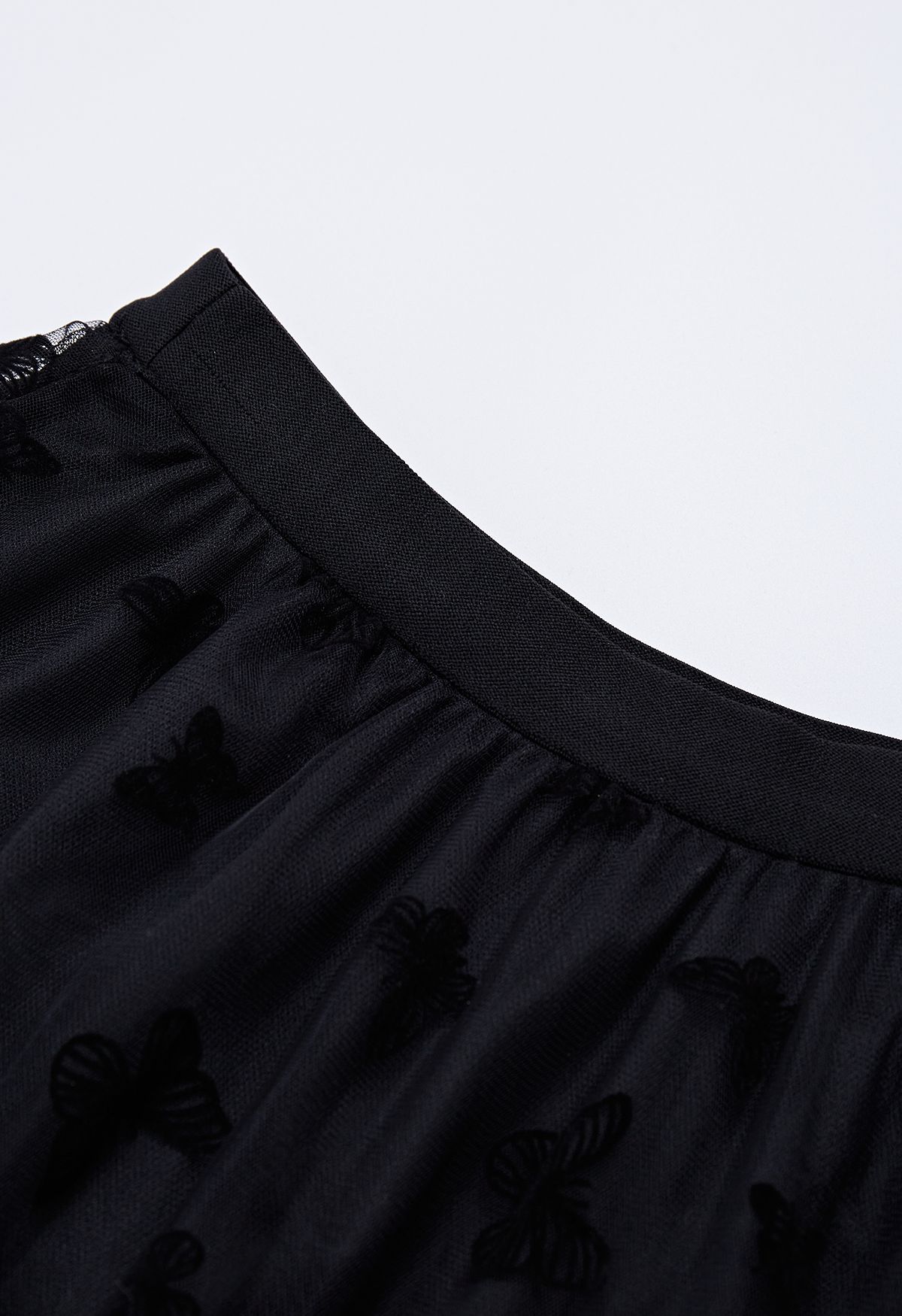 Velvet Butterfly Mesh Tulle Midi Skirt in Black