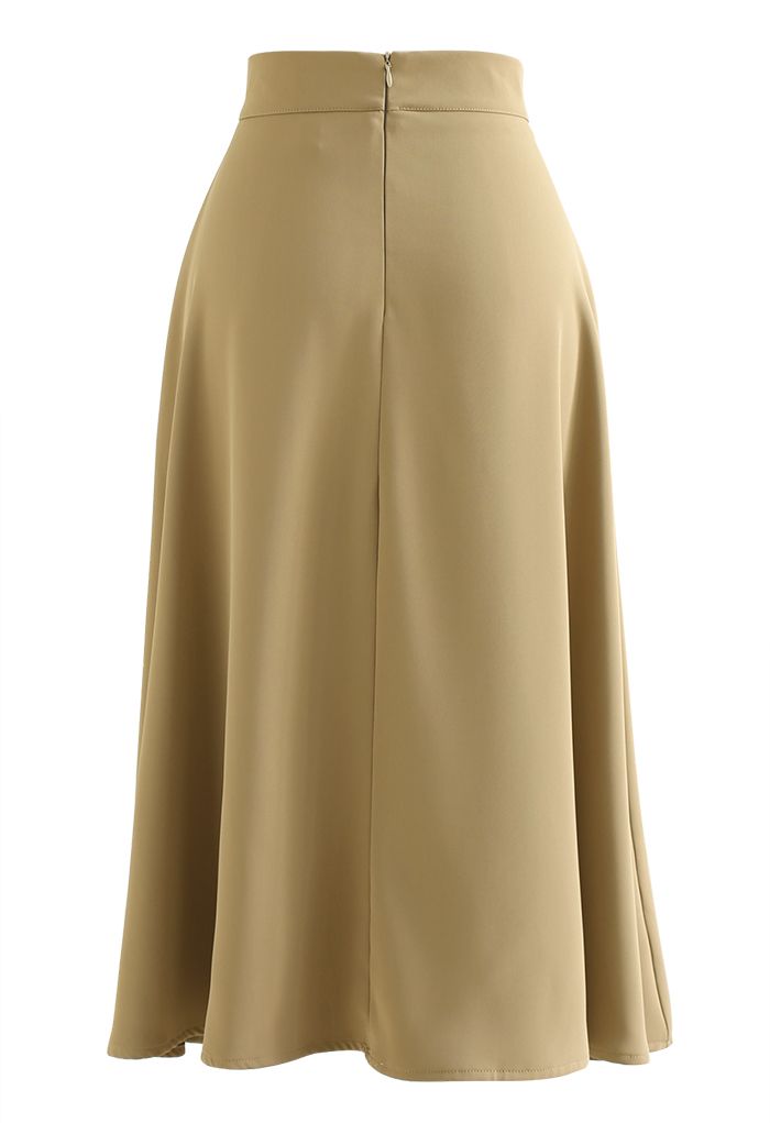 Classy Pearl Trim Flare Midi Skirt in Light Tan