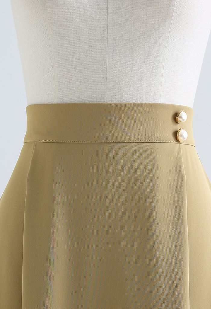 Classy Pearl Trim Flare Midi Skirt in Light Tan