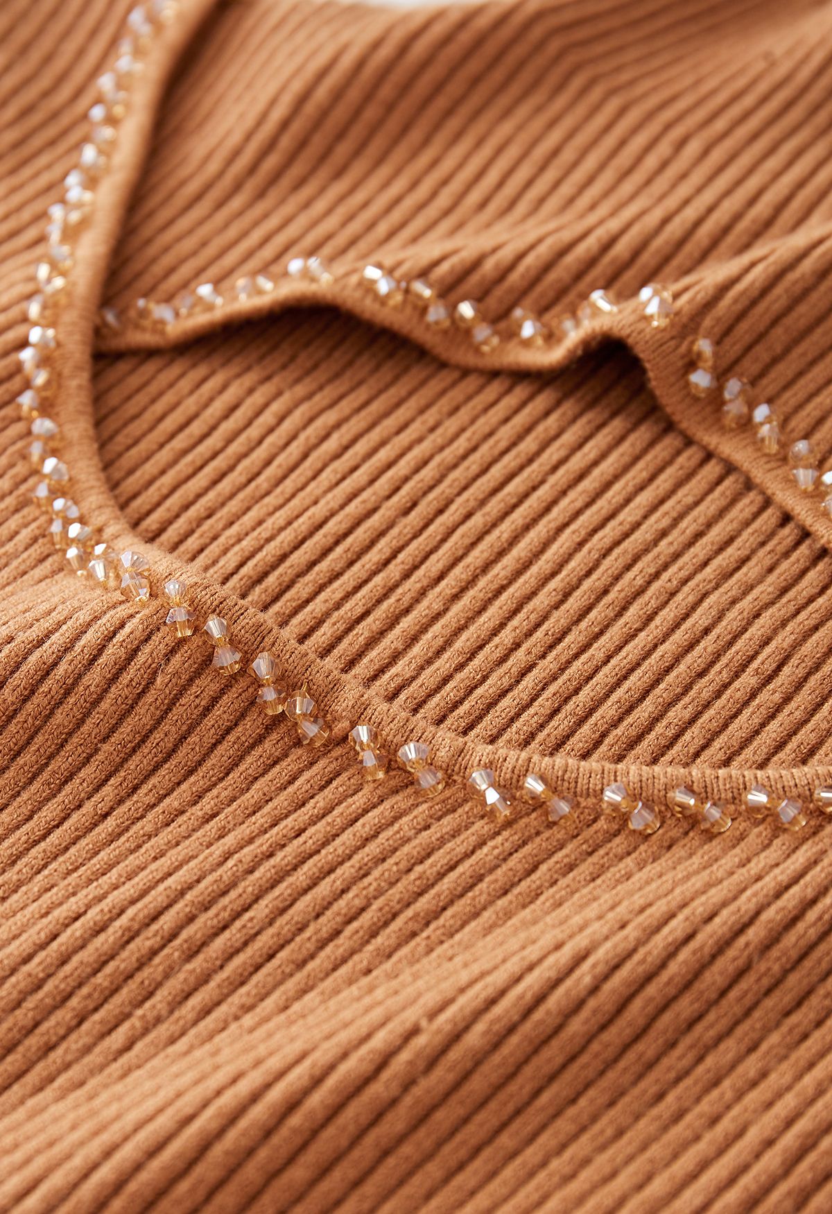 Crystal Trim Cutout High Neck Knit Top in Caramel