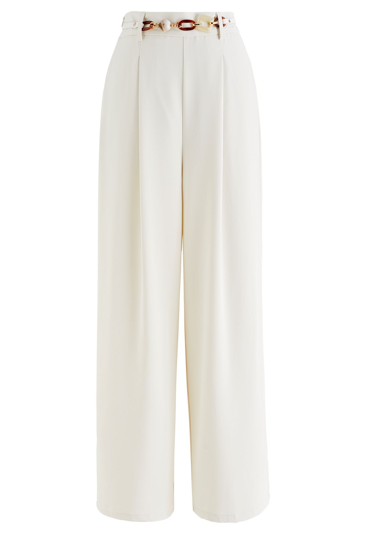 Pleat Front Wide-Leg Belted Pants in Ivory