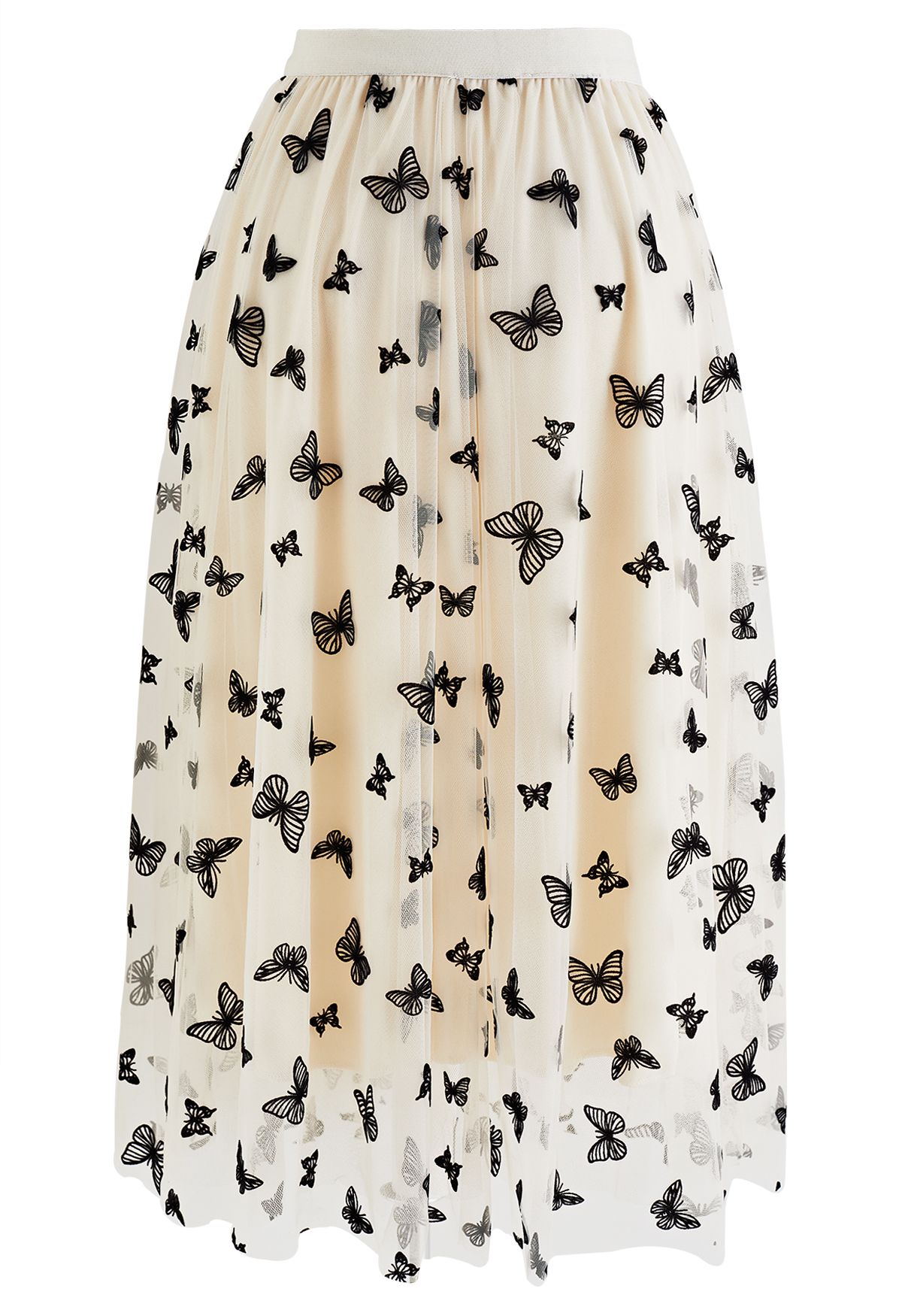 Velvet Butterfly Mesh Tulle Midi Skirt in Cream