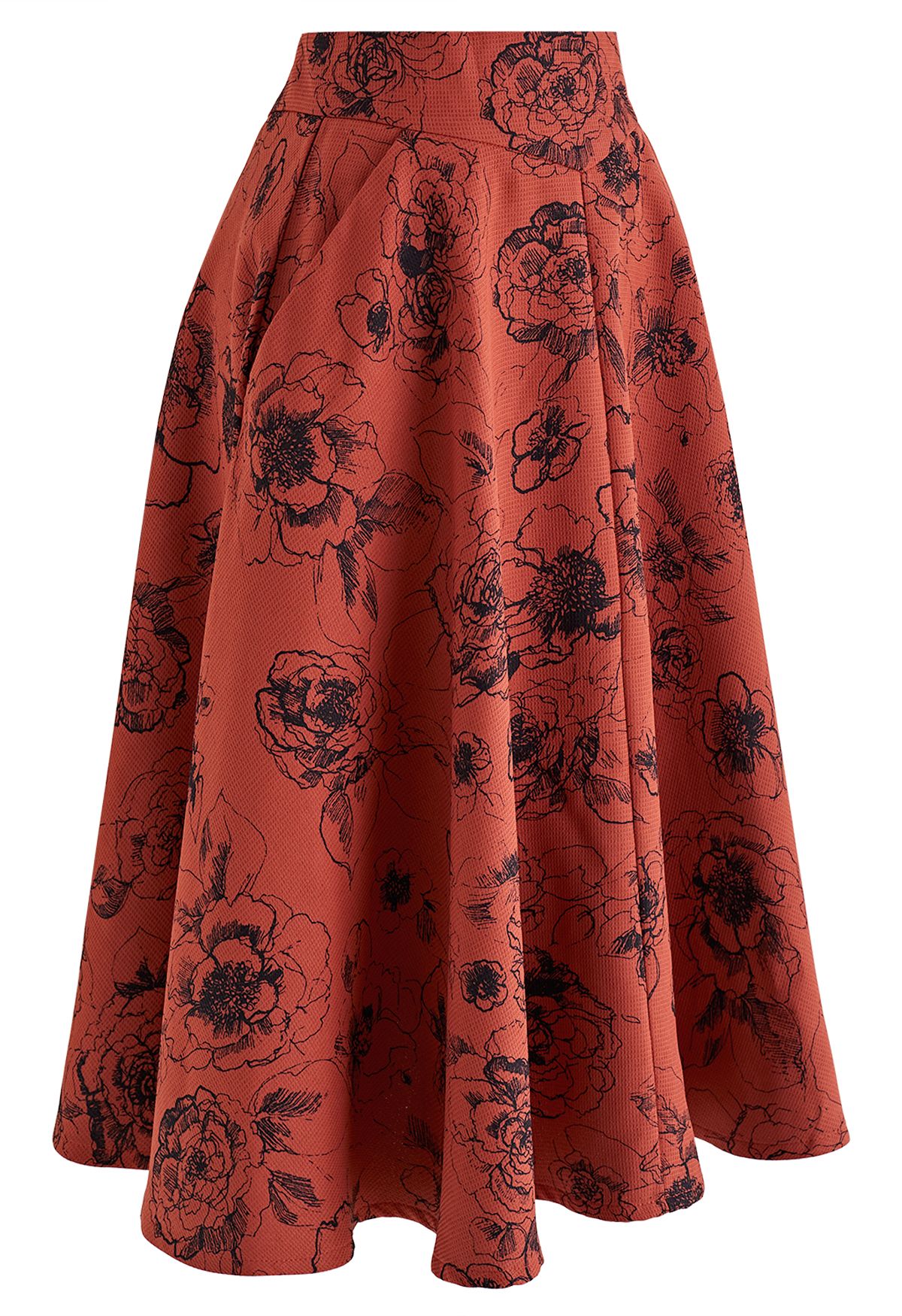 Sketch Peony Side Pocket A-Line Midi Skirt