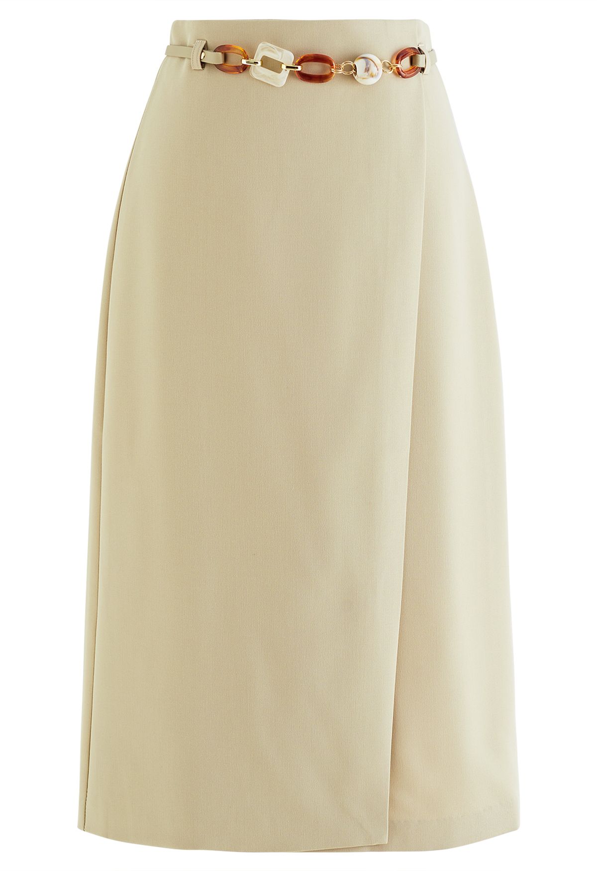 Flap Front Belted Midi Skirt in Light Yellow