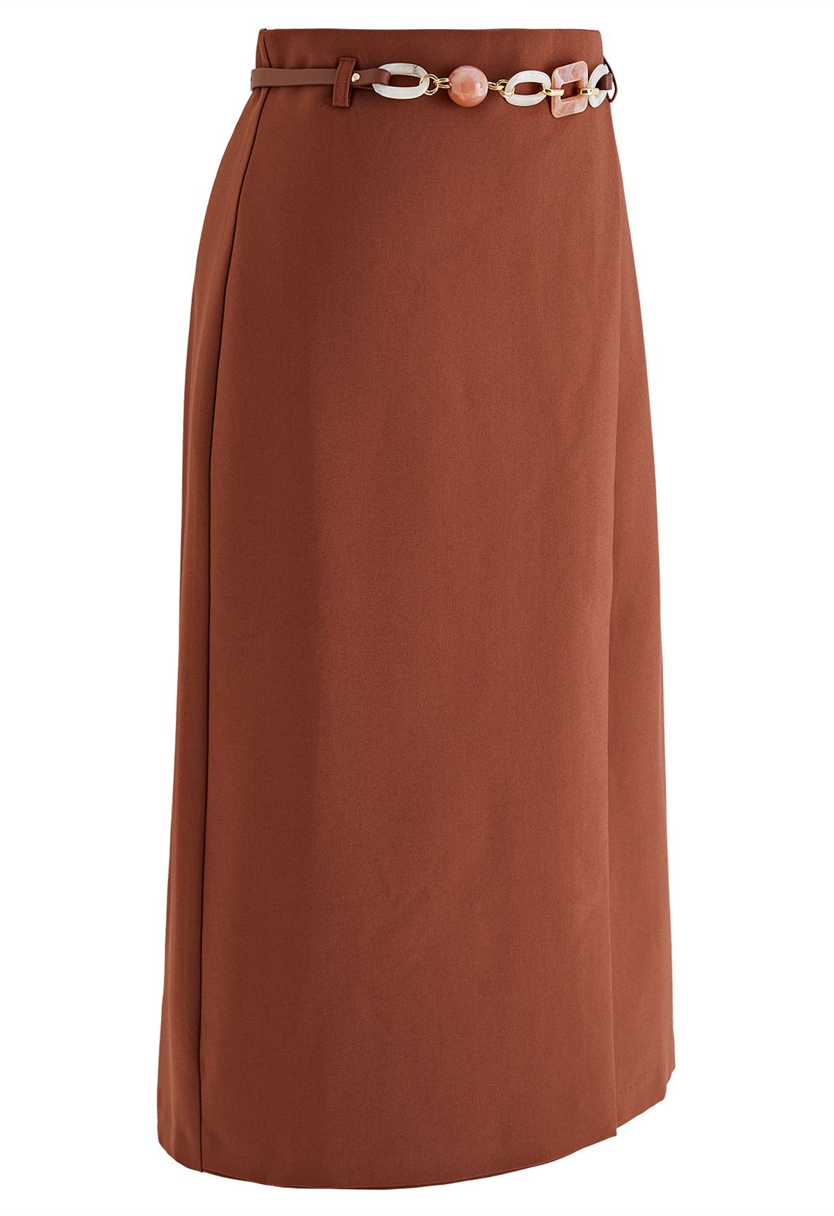 Flap Front Belted Midi Skirt in Rust Red