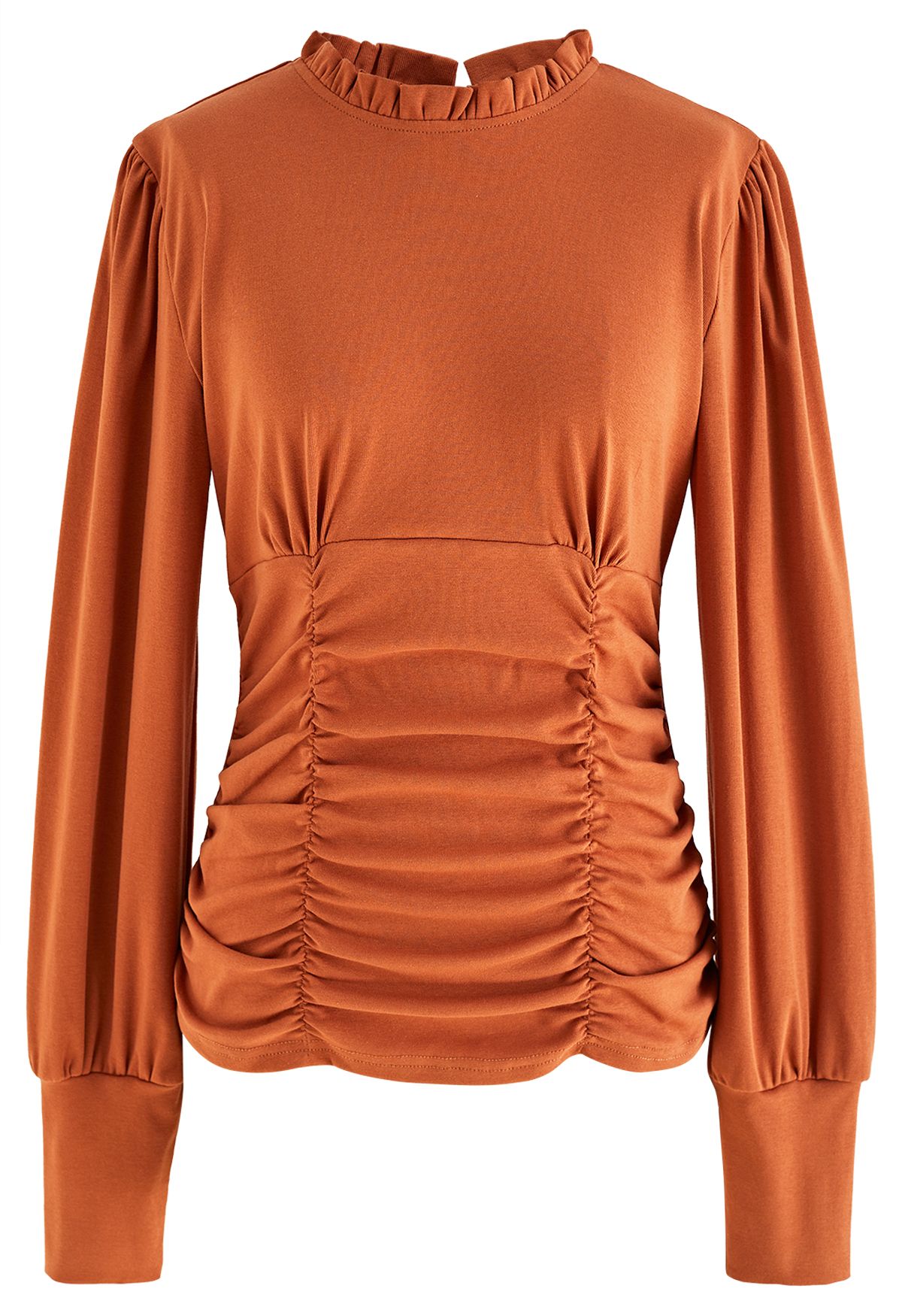 Ruched Front Ruffle Neck Fitted Top in Pumpkin
