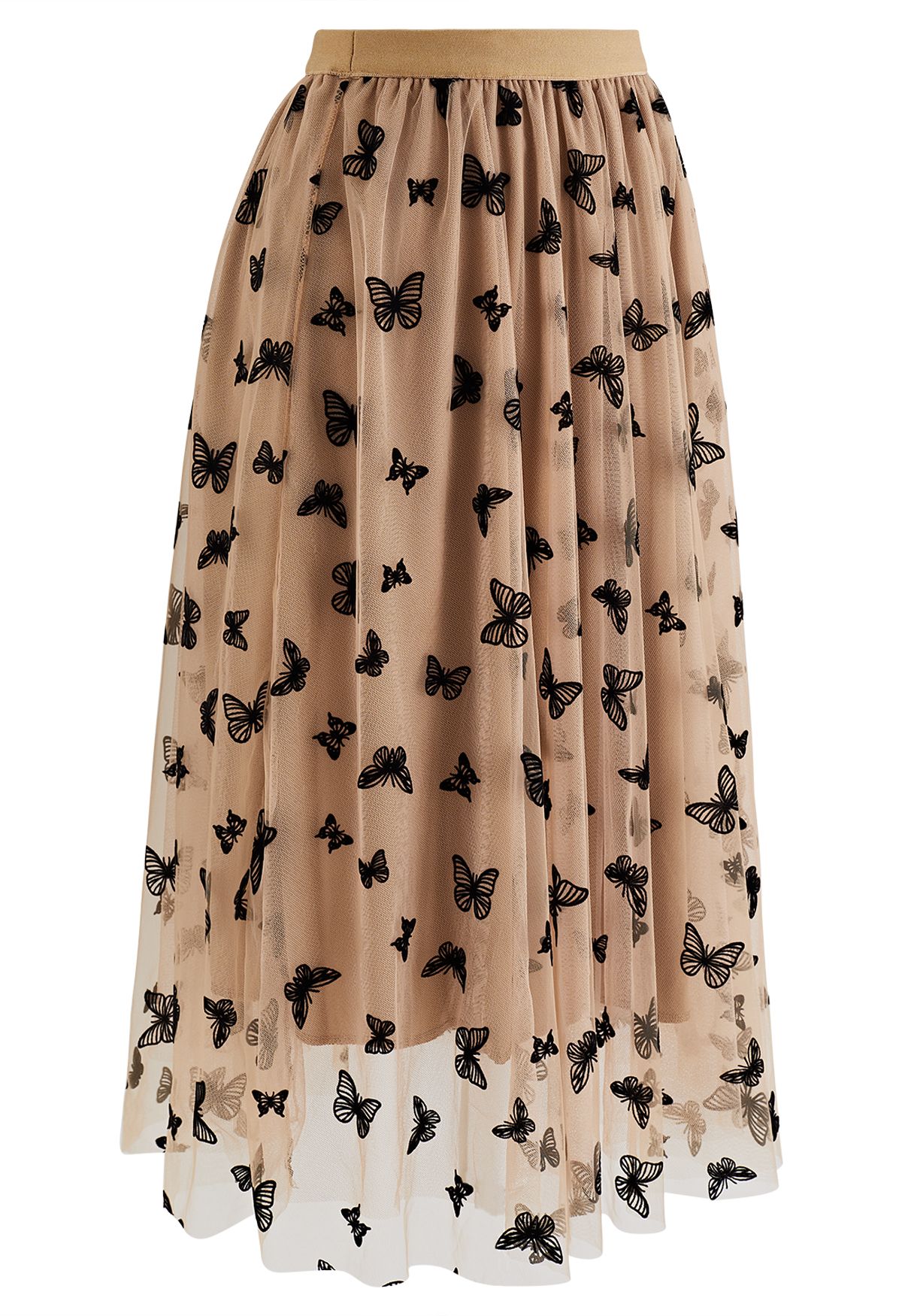 Velvet Butterfly Mesh Tulle Midi Skirt in Caramel