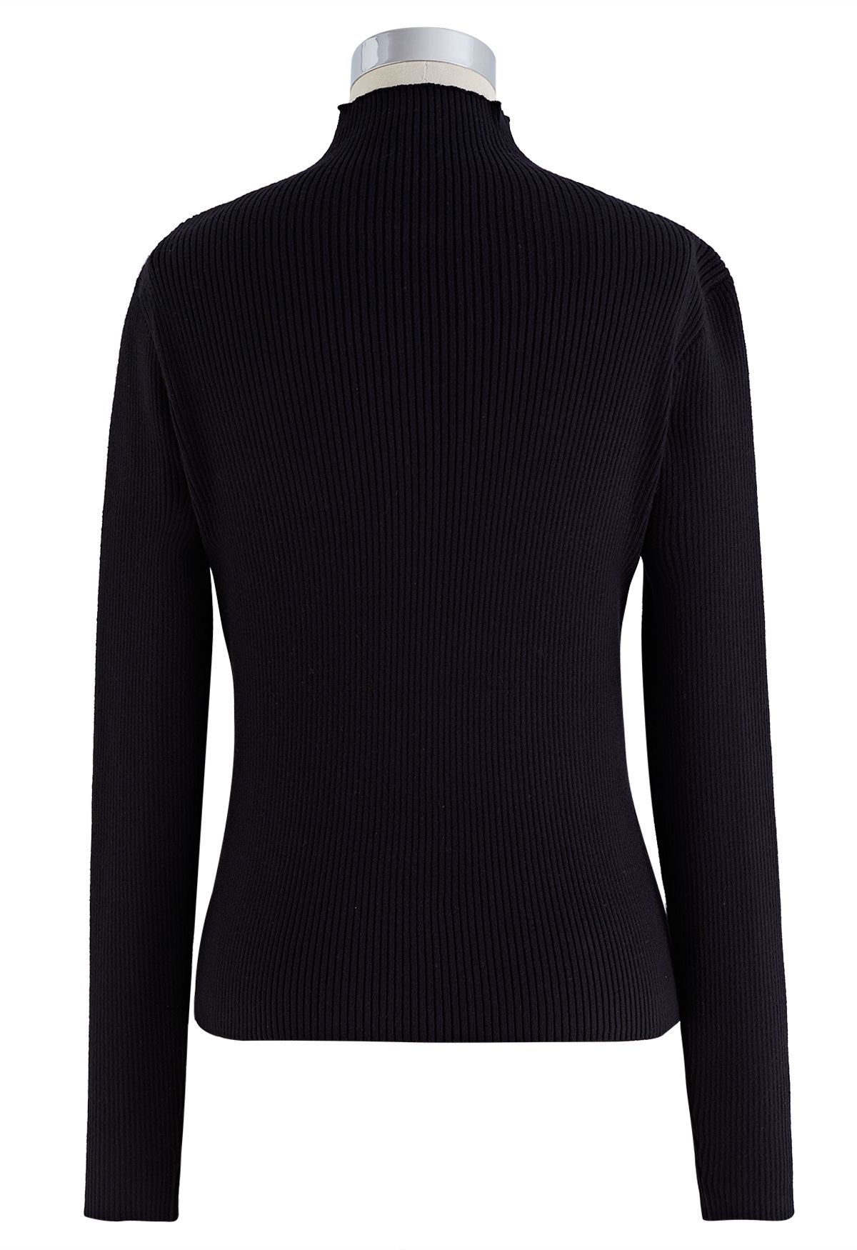 Crystal Trim Cutout High Neck Knit Top in Black