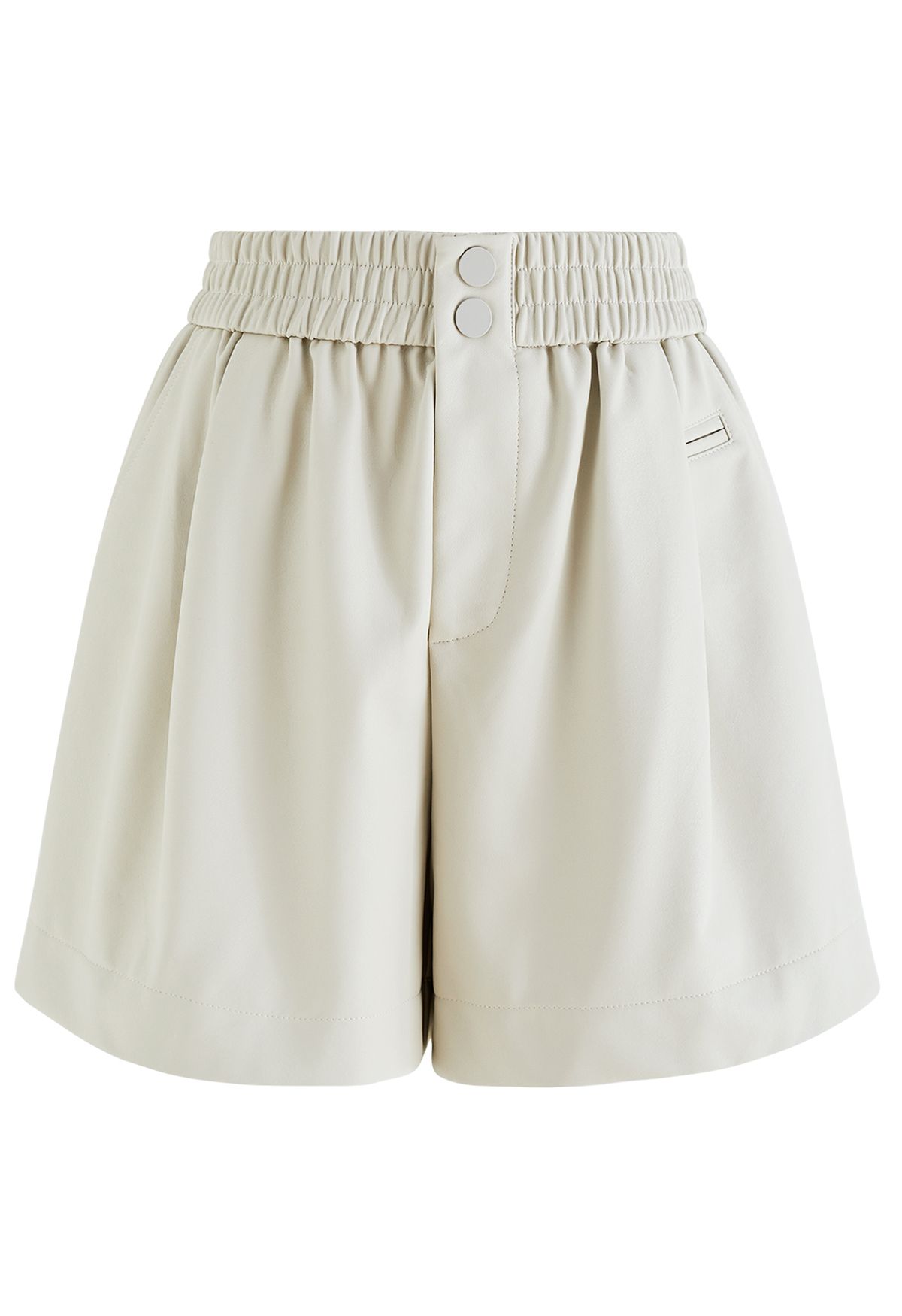 Textured Buttoned Faux Leather Shorts in Ivory