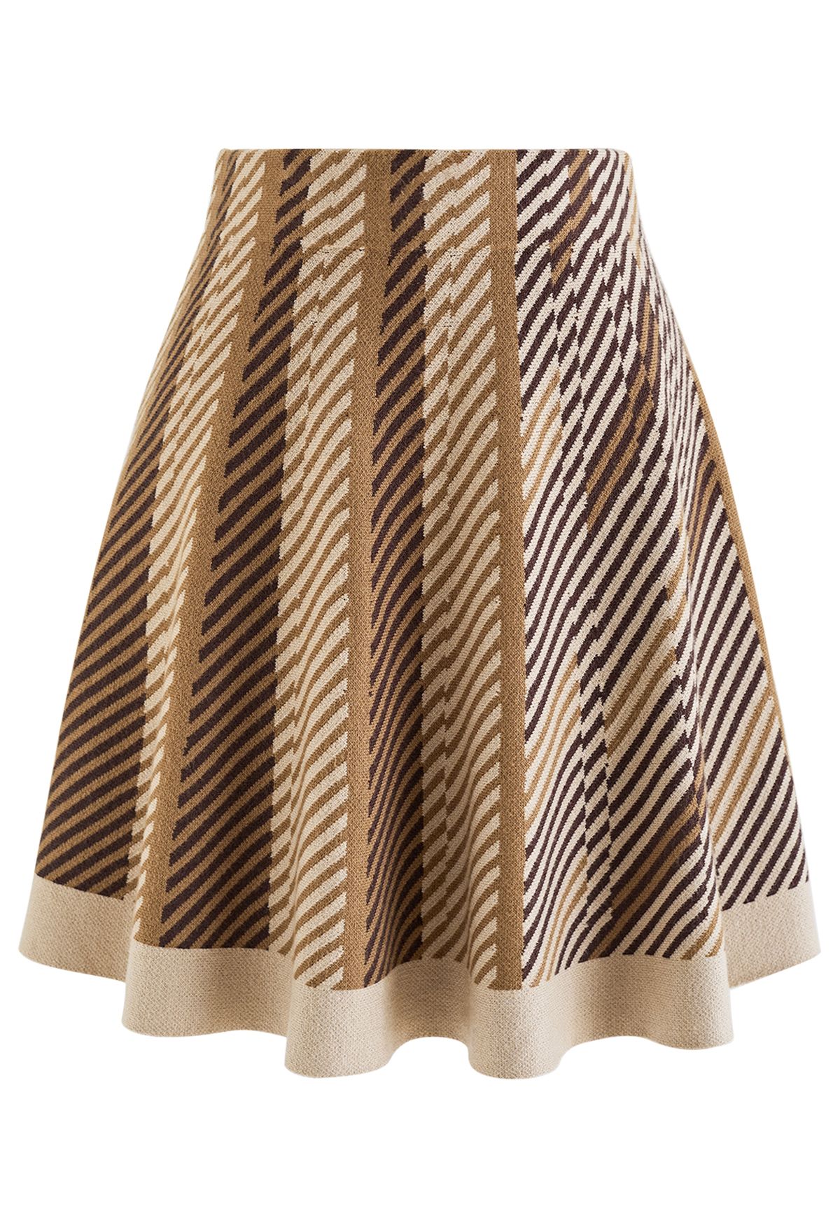High Waist Stripe Flare Knit Skirt in Tan