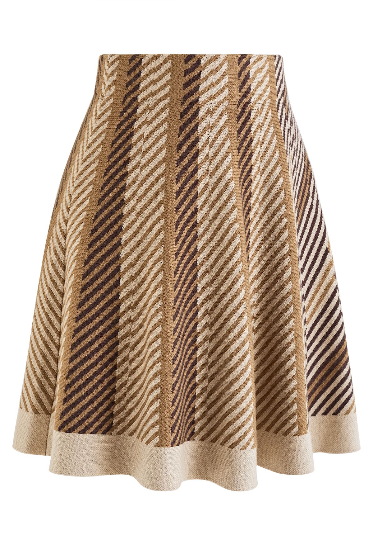 High Waist Stripe Flare Knit Skirt in Tan