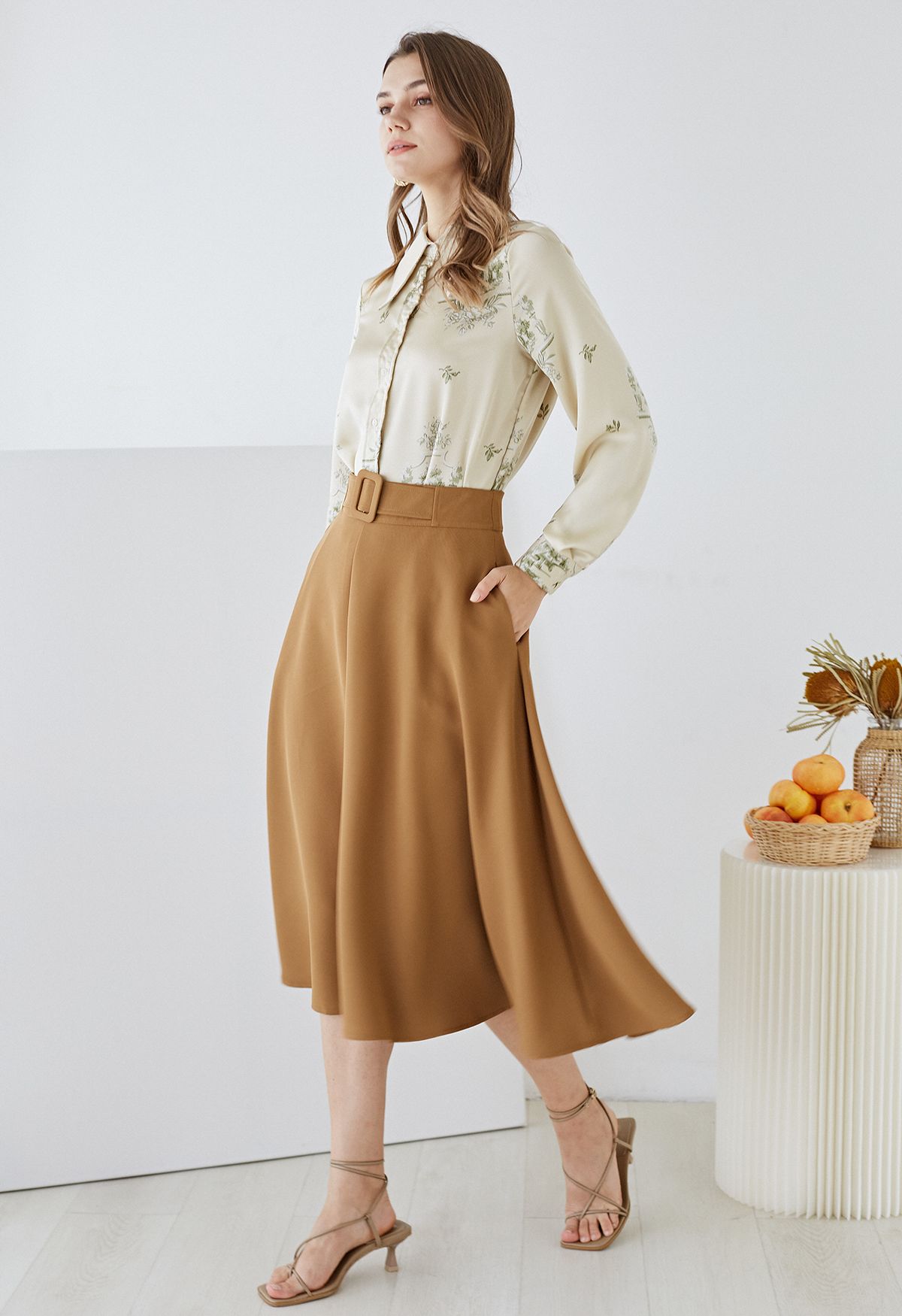 Fake Belt Casual A-Line Midi Skirt in Caramel