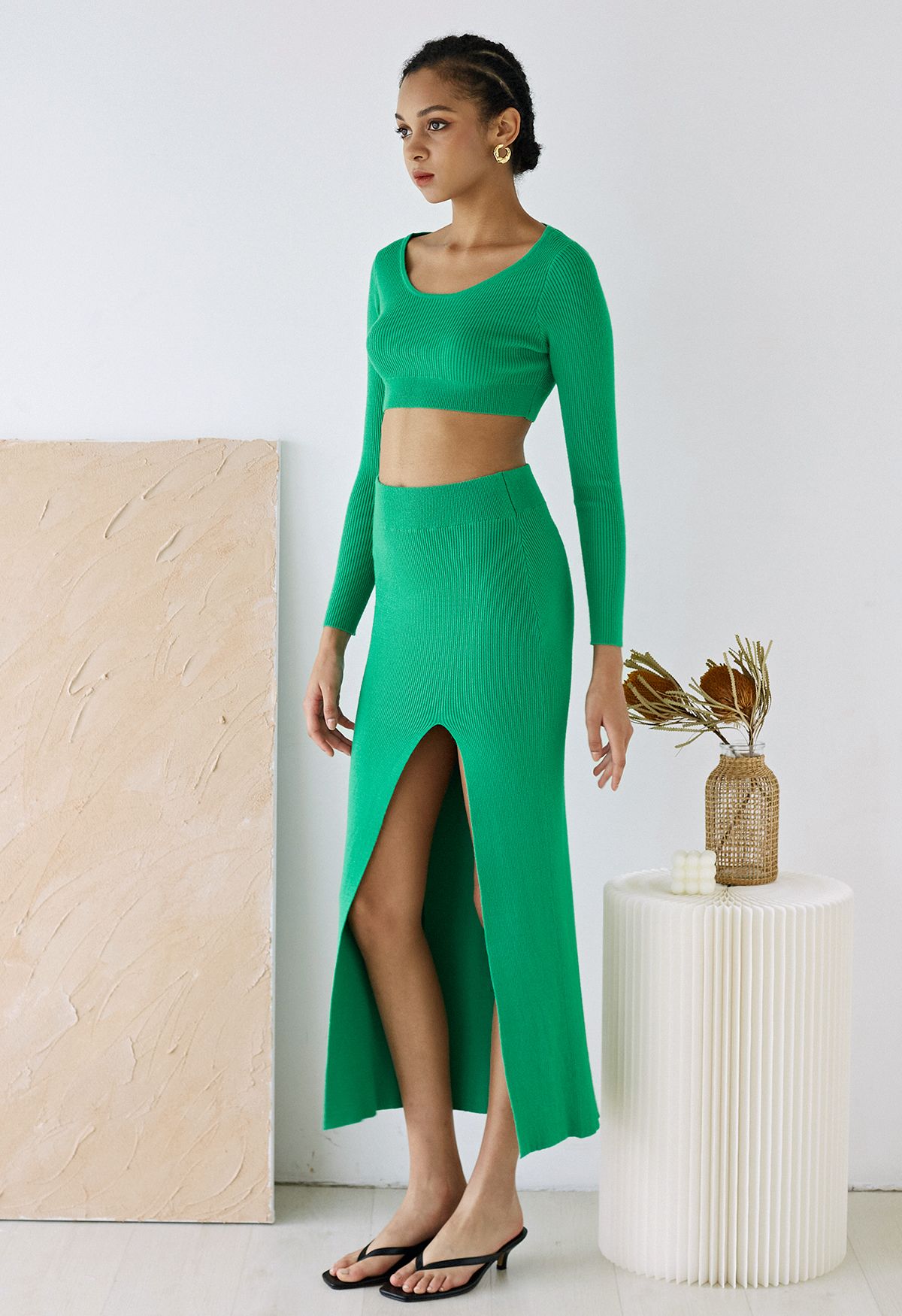 Knitted Crop Top and High Slit Maxi Skirt Set in Green