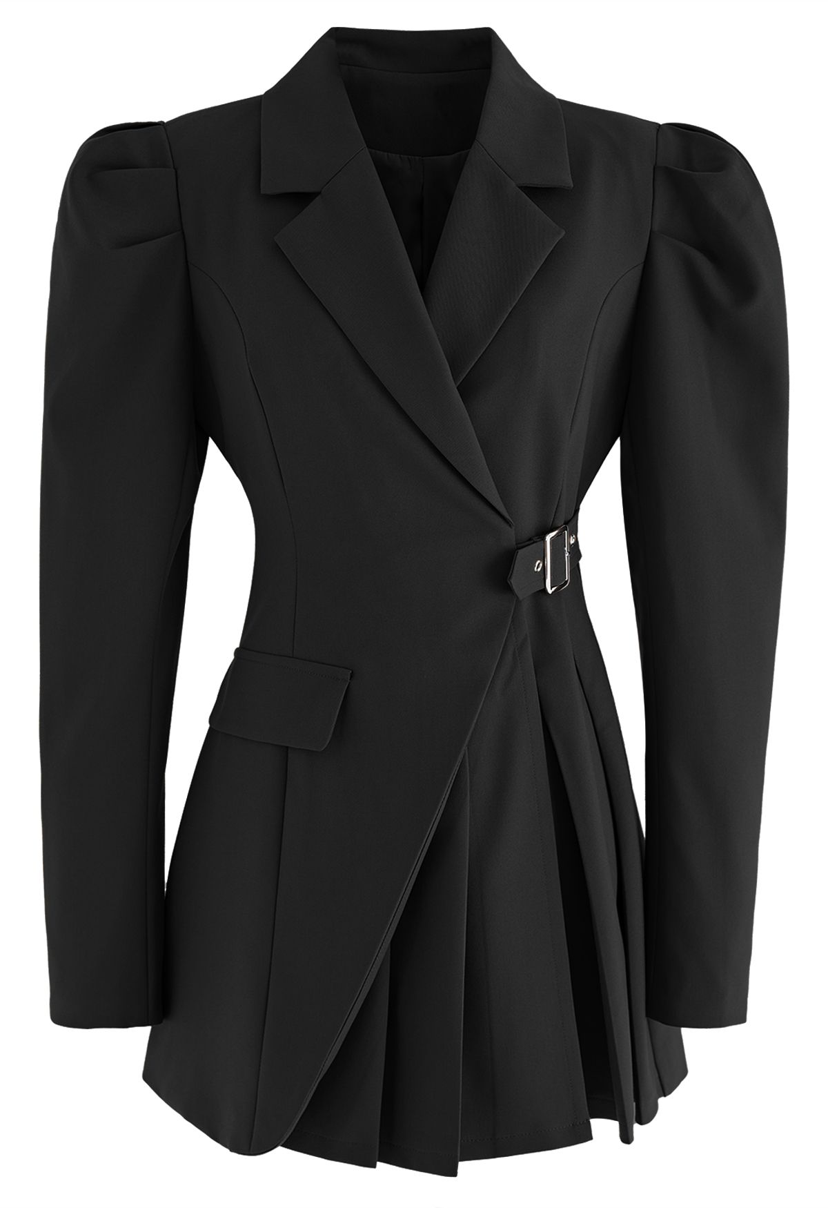 Puff Sleeves Pleated Blazer Dress in Black