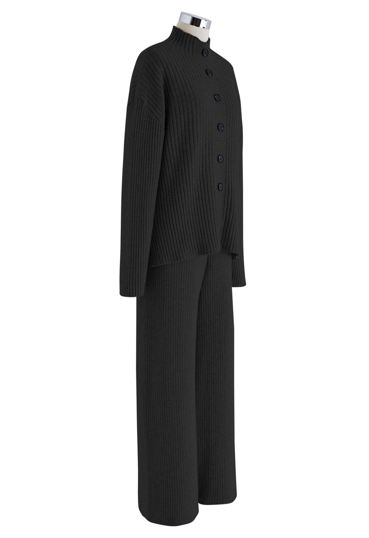 Mock Neck Buttoned Sweater and Straight Leg Knit Pants Set in Black