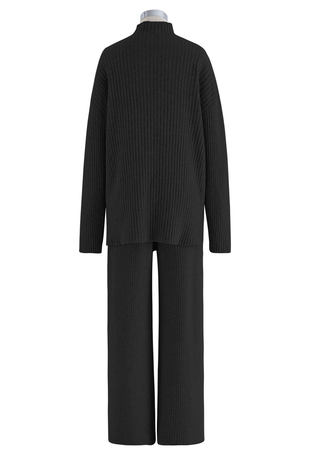Mock Neck Buttoned Sweater and Straight Leg Knit Pants Set in Black