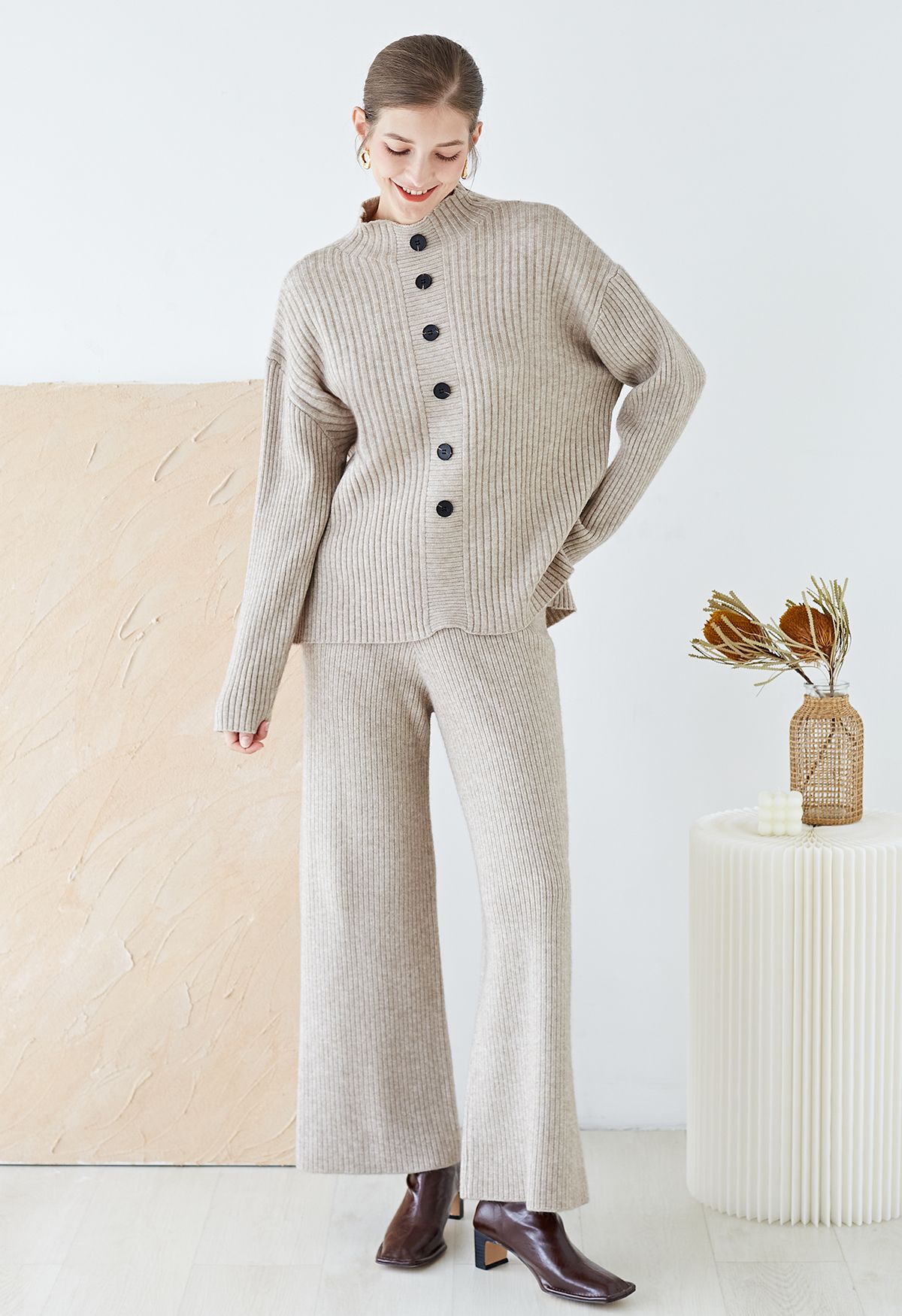 Mock Neck Buttoned Sweater and Straight Leg Knit Pants Set in Oatmeal