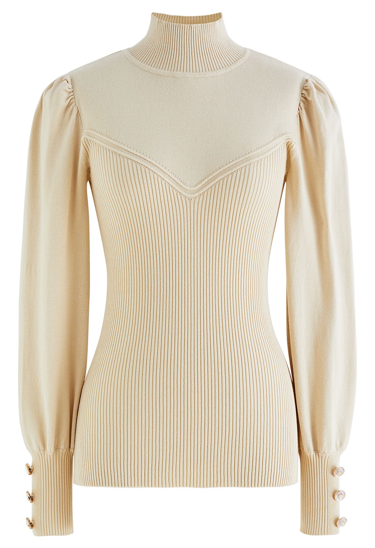 Rib Splicing Fitted Soft Knit Sweater in Cream
