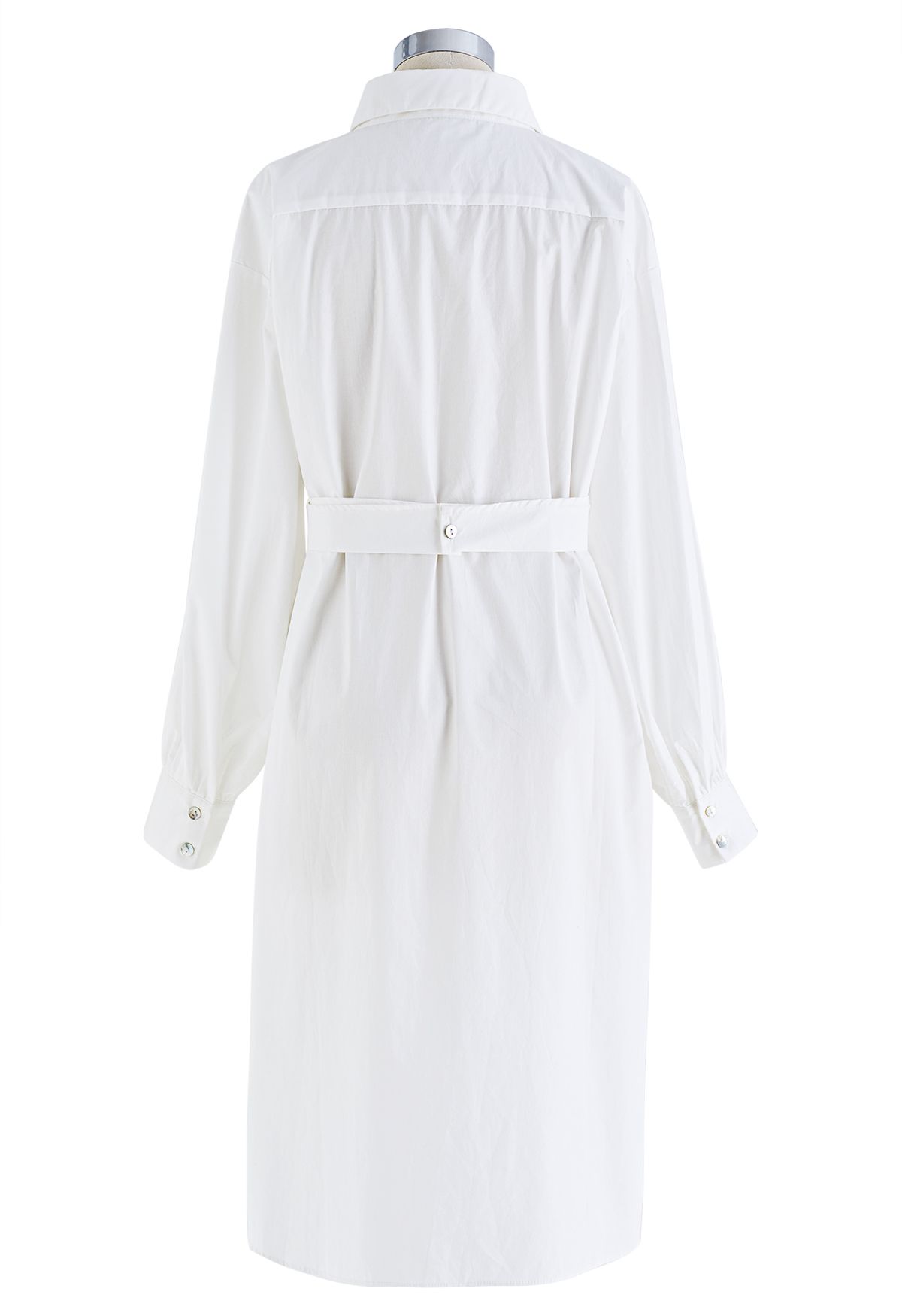 Twisted Waist Buttoned Shirt Dress in White