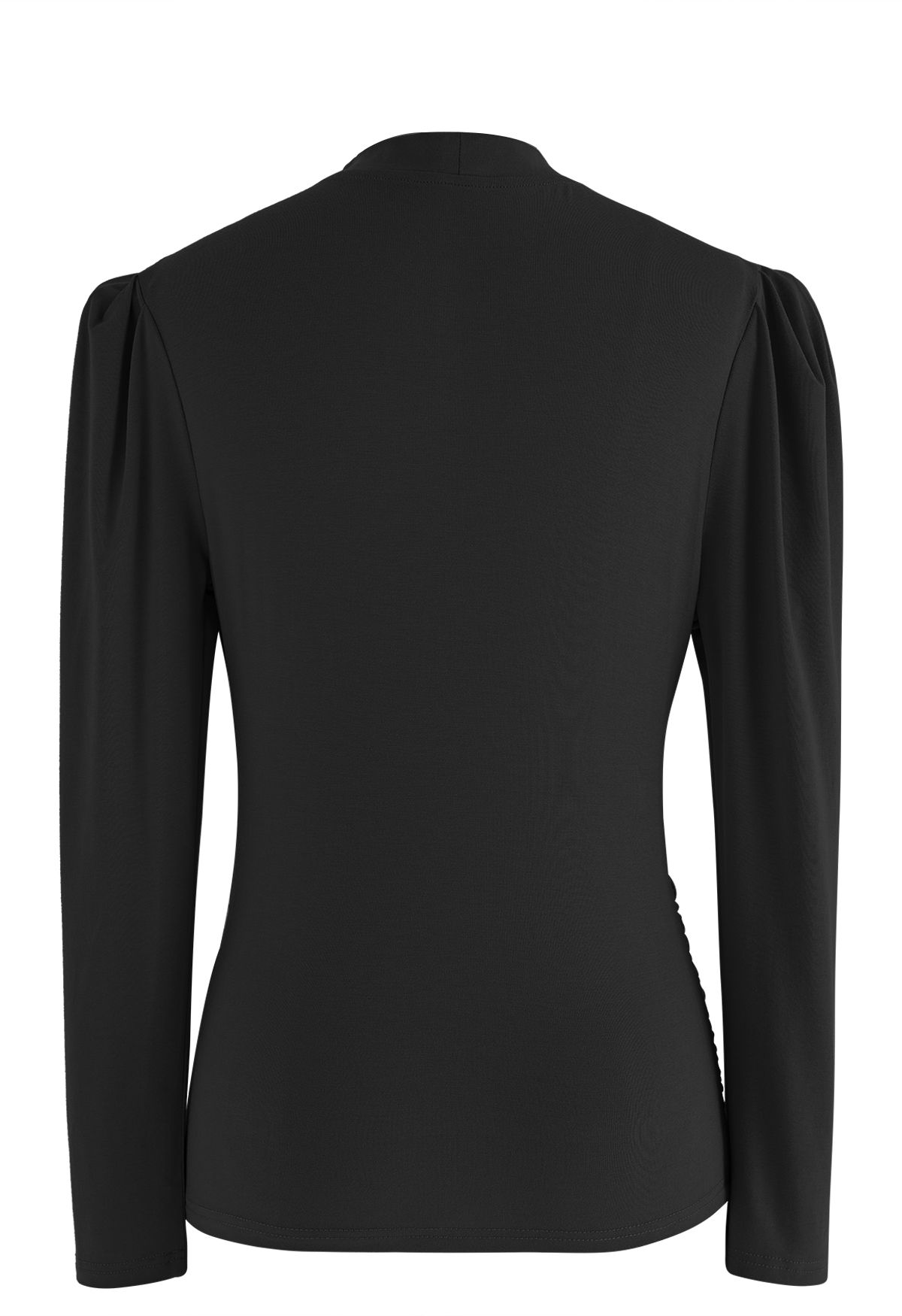 Choker Neck Ruched Front Long Sleeve Top in Black