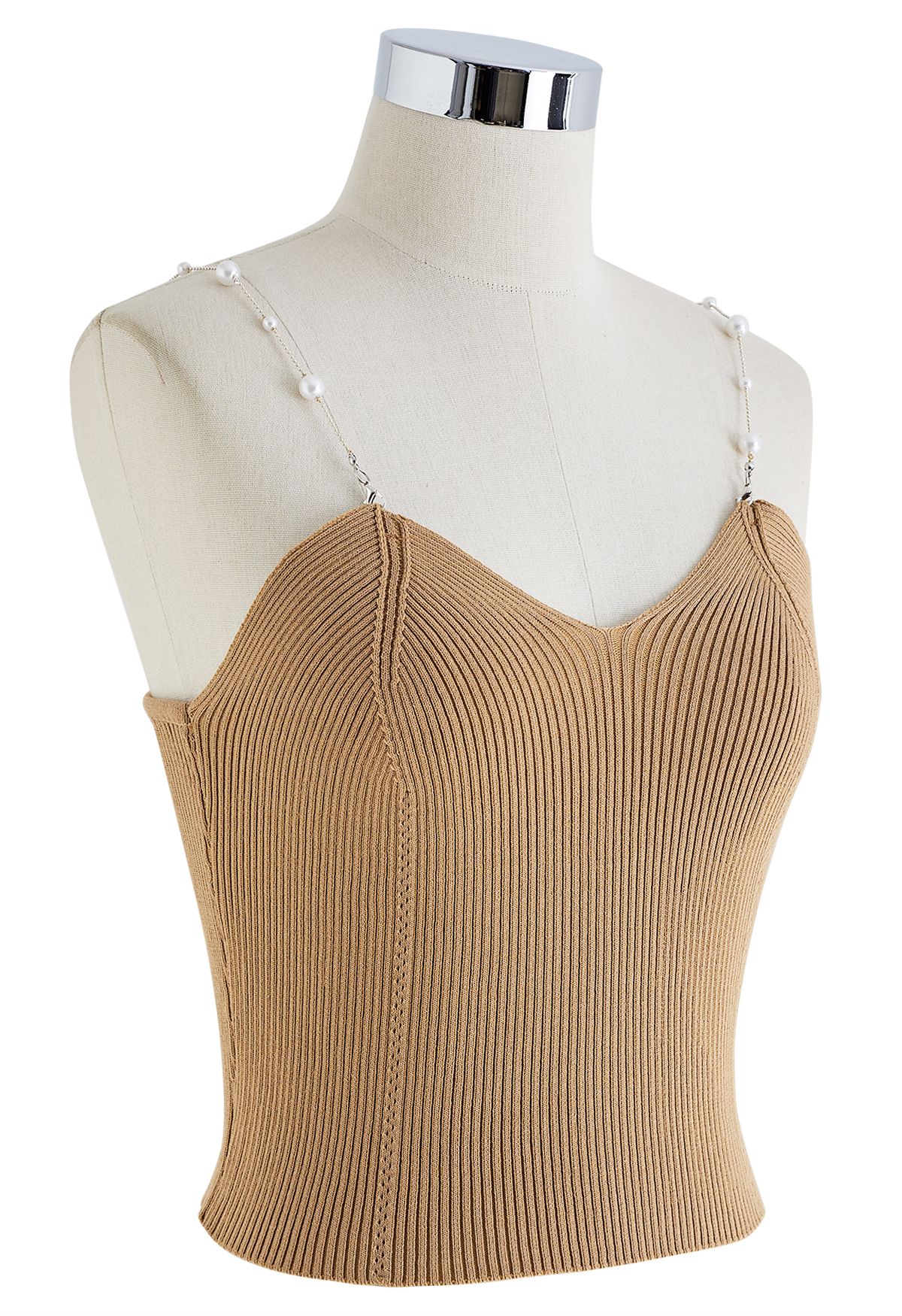 Cropped Knit Pearly Tank Top in Light Tan