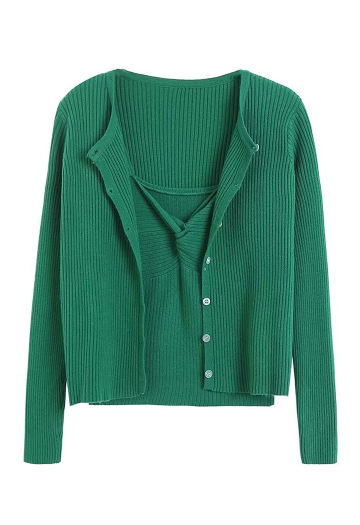 Twisted Front Ribbed Cami Top and Cardigan Set in Green