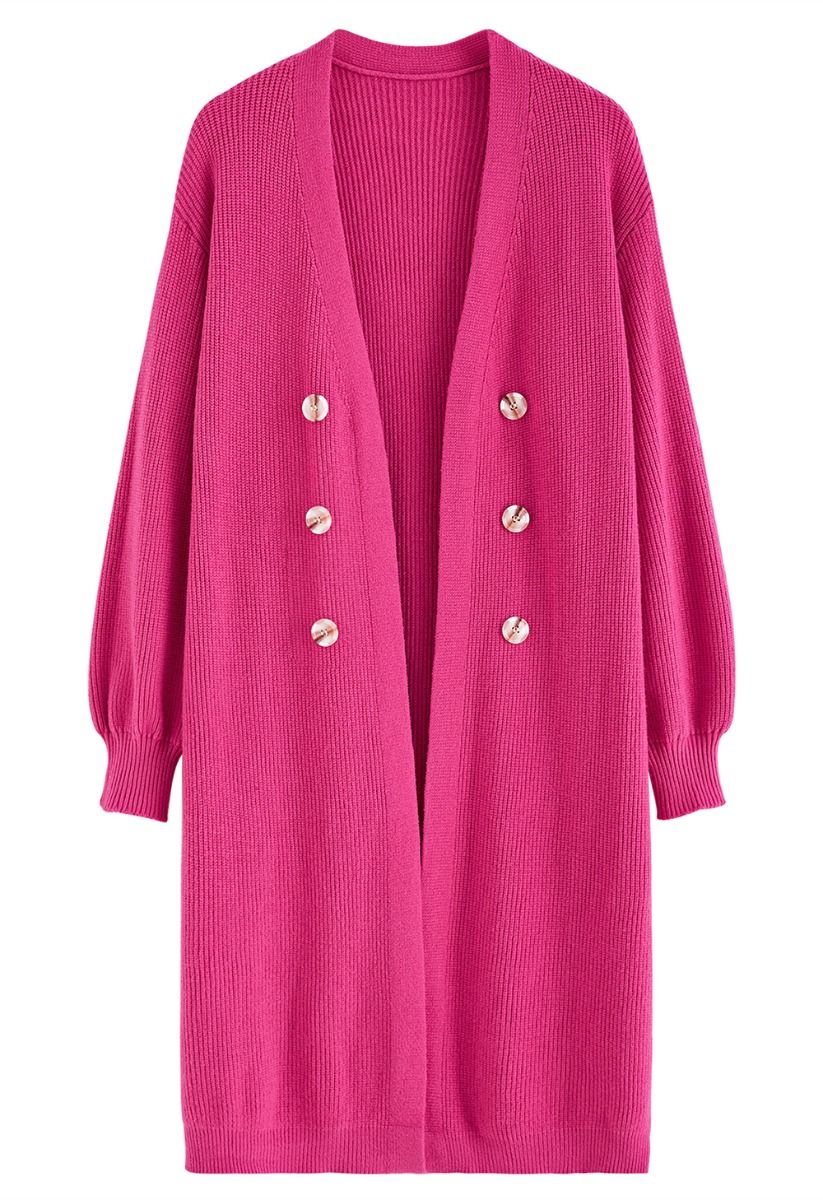 Full Ribbed Open Front Longline Cardigan in Hot Pink
