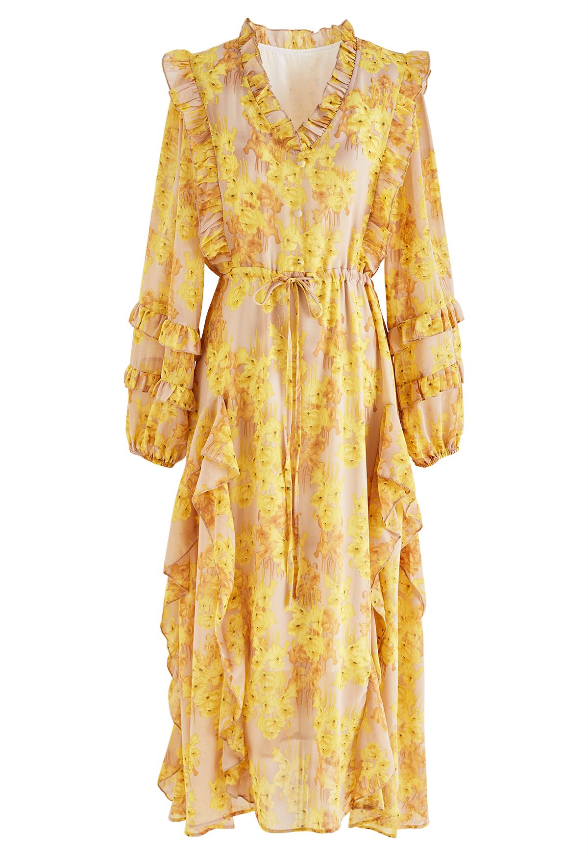 Elegant Floral Ruffle Trim Tie Waist Chiffon Dress in Yellow