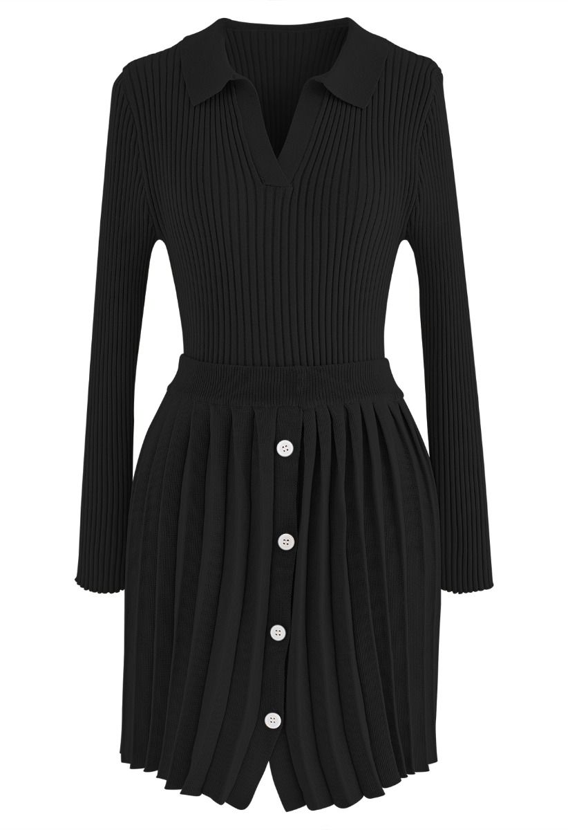 Collared V-Neck Knit Top and Pleated Skirt Set in Black