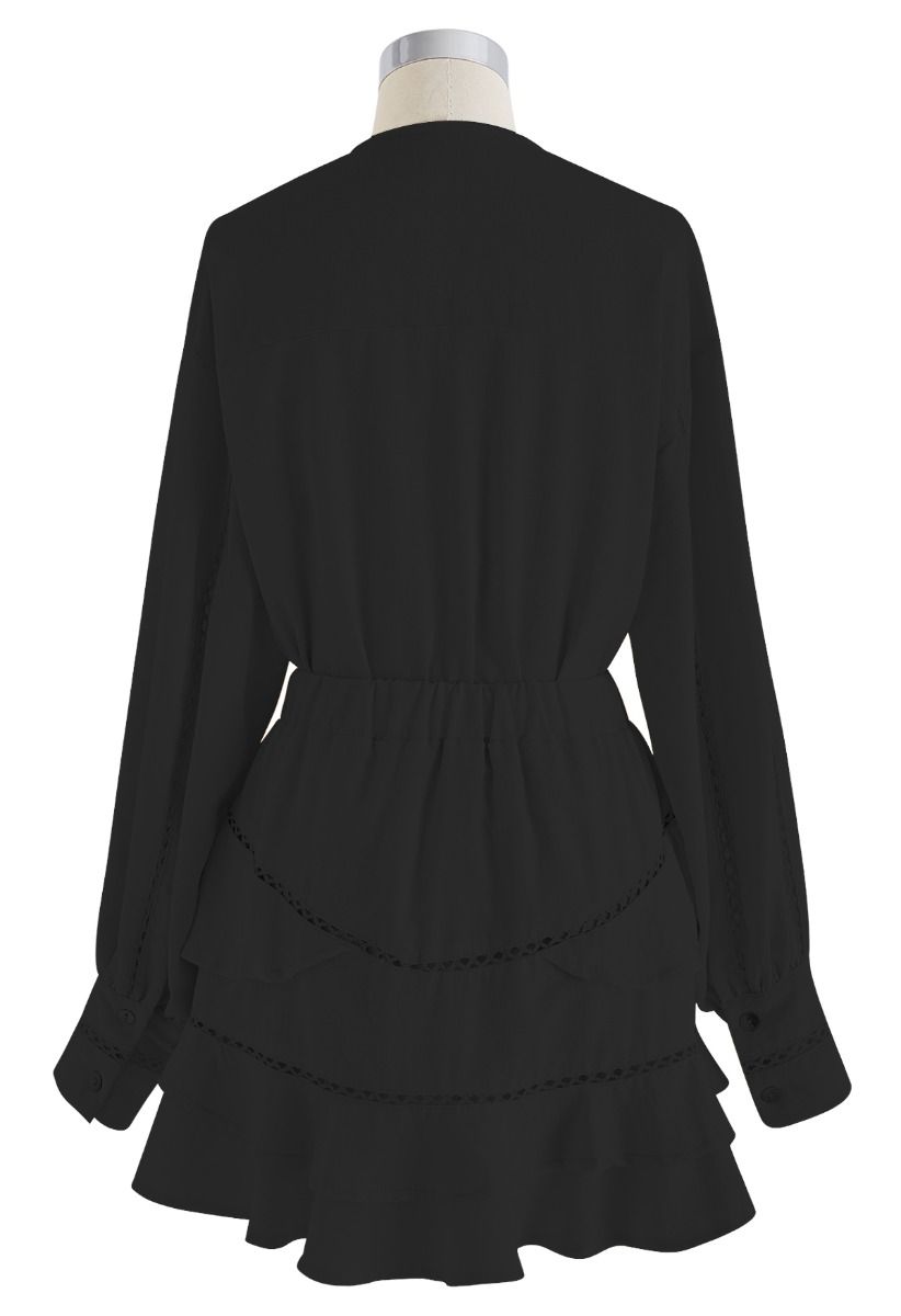 Hollow Out Tassel Shirt and Tiered Mini Skirt Set in Black