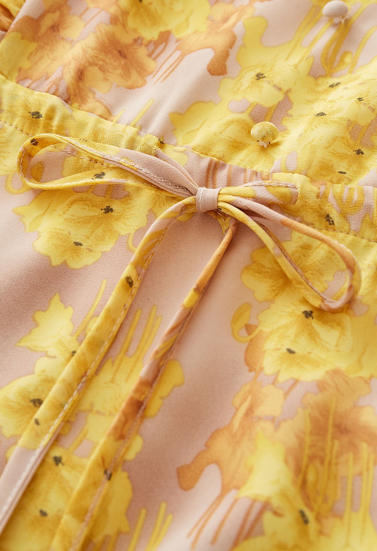 Elegant Floral Ruffle Trim Tie Waist Chiffon Dress in Yellow