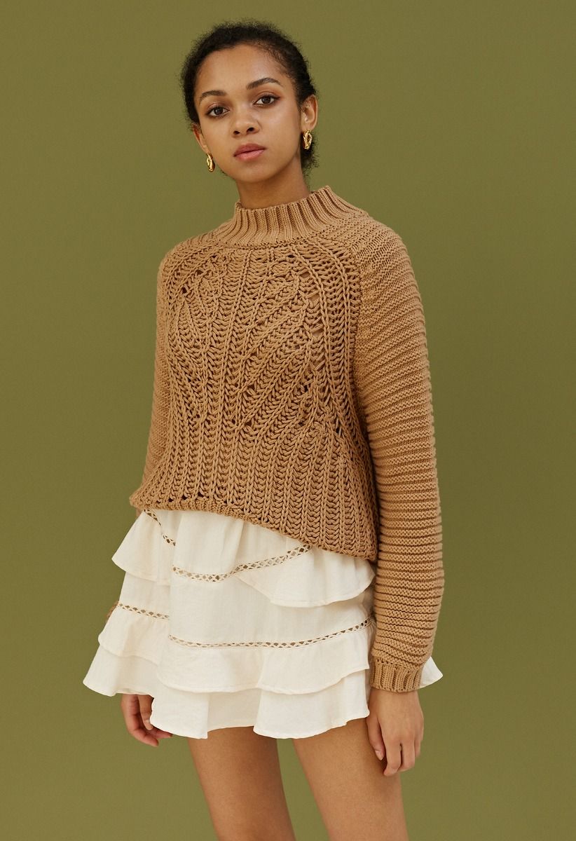 Exaggerated Ribbed High Neck Chunky Knit Crop Sweater in Tan