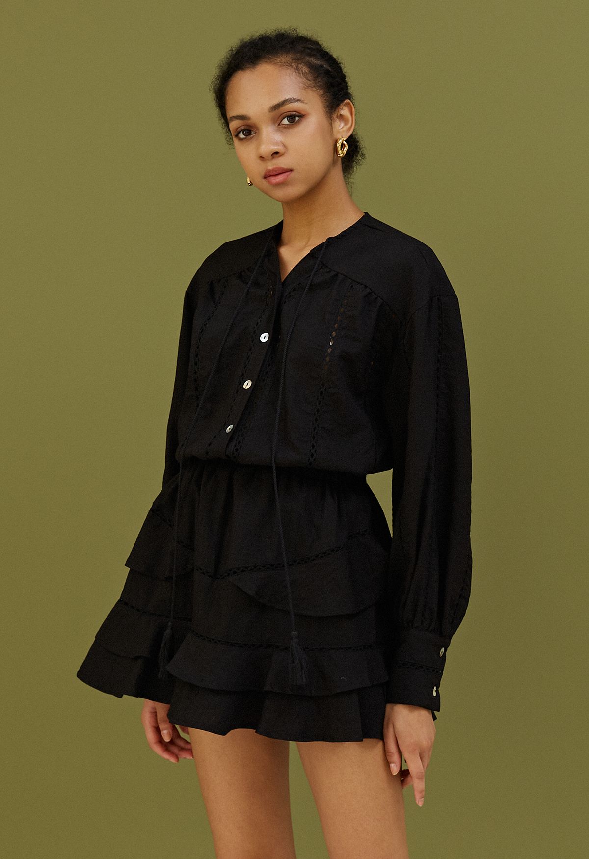 Hollow Out Tassel Shirt and Tiered Mini Skirt Set in Black