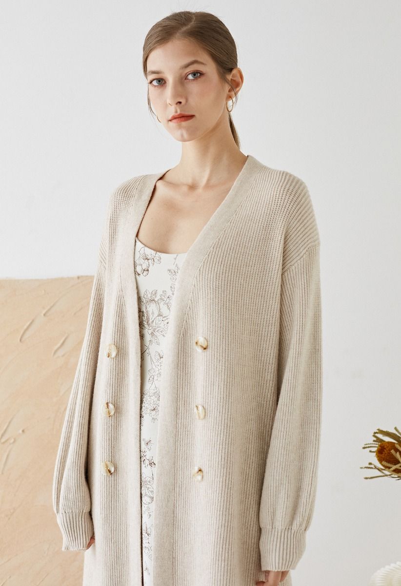 Full Ribbed Open Front Longline Cardigan in Oatmeal