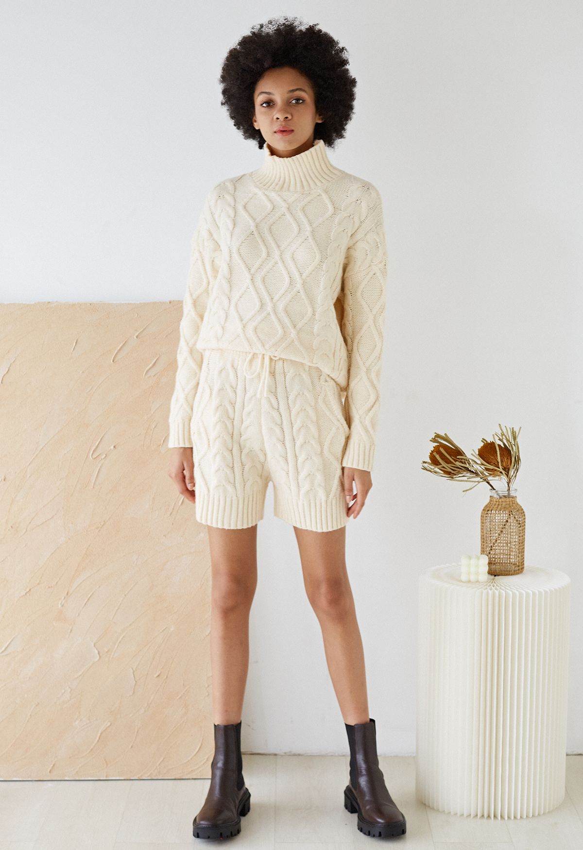 High Neck Braided Knit Sweater and Shorts Set in Cream