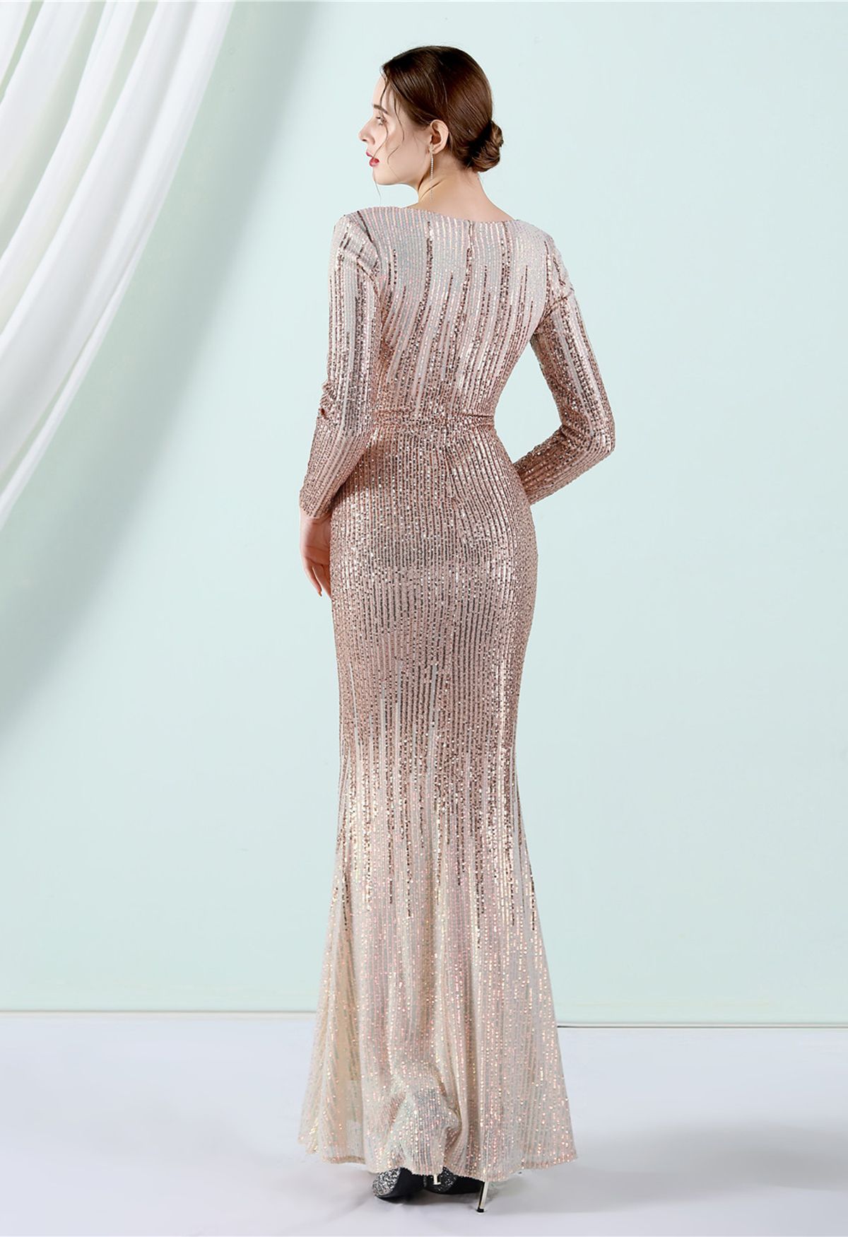 Full Sequin Two-Tone Crisscross Gown in Gold